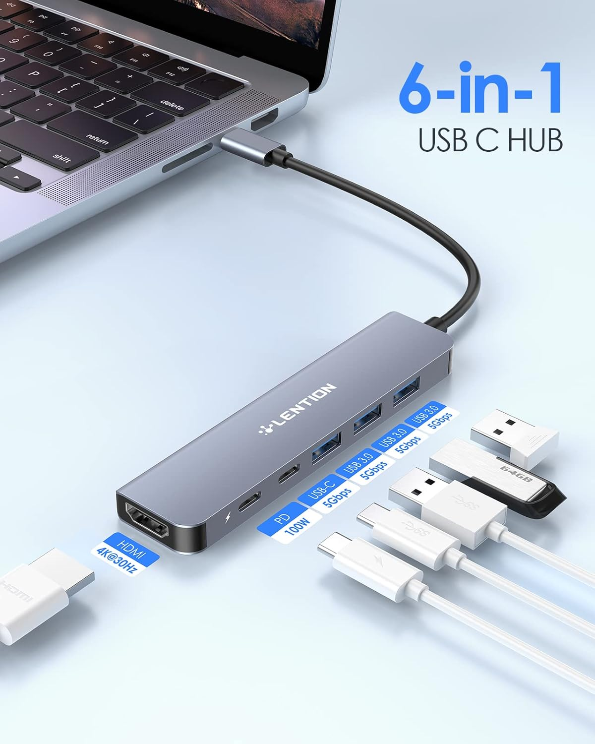 LENTION 6 in 1 USB C Hub, USB C Multiport Dongle with 4K HDMI, USB C Data Port, 3 USB 3.0, 100W PD Compatible Iphone 17/16 Series, New Macbook Pro/Air, Ipad, More Type C Devices(Ce35S,Space Grey) image number 3