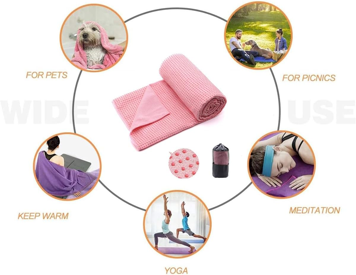 AIMALL Non-Slip Yoga Mat Towel 72X25.6In Microfiber Sweat-Absorbent Exercise Mat Cover with PVC Grip Dots for Hot Yoga Pilates Fitness with Mesh Bag &ndash; Grey Pink Purple image number 5
