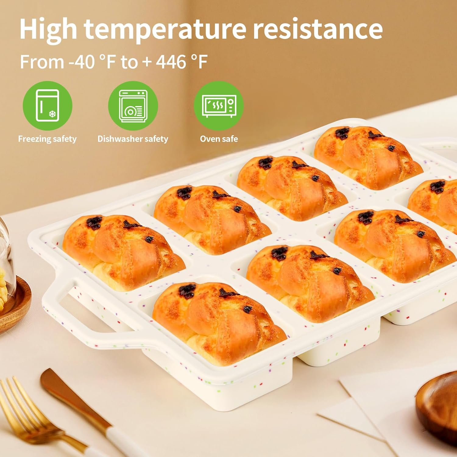 Silicone Mini Loaf Pans with Metal Reinforced Frame-2 Pack, Non-Stick Silicone Bread Pan for Baking 8-Cavity, Tiny Banana Bread Set, Dishwasher Safe Brownie Pan-Cream image number 3