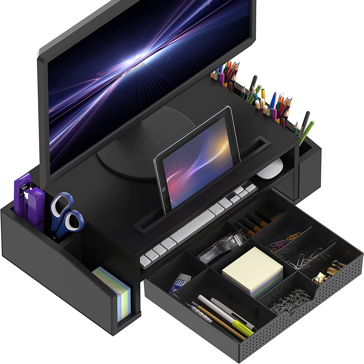 Simplehouseware Monitor Stand Riser with Drawer and 2 Side Desk Organiser, Black image number 5