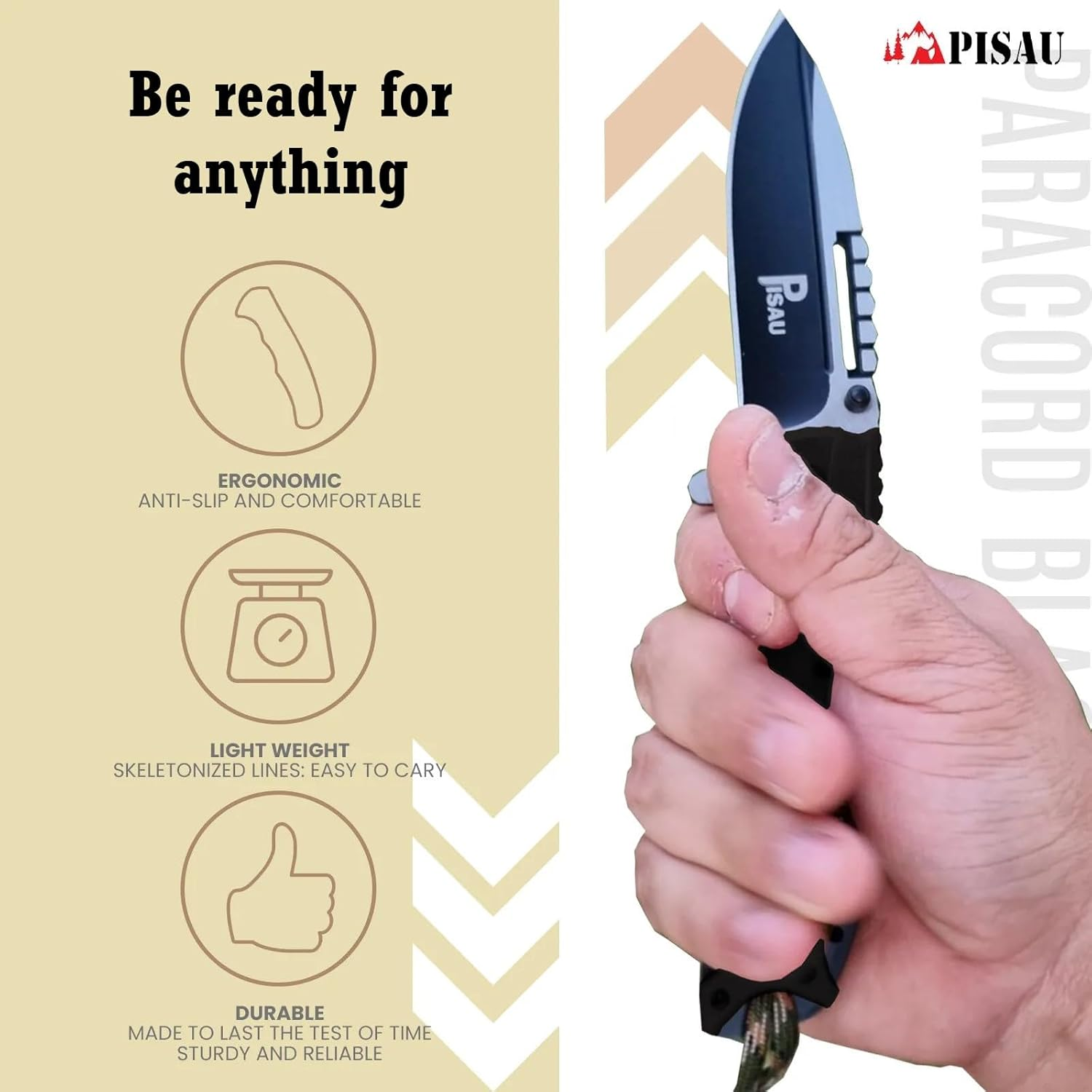 PISAU Stainless Steel Camping Folding Knife with Sheath and Paracord (Black) image number 2