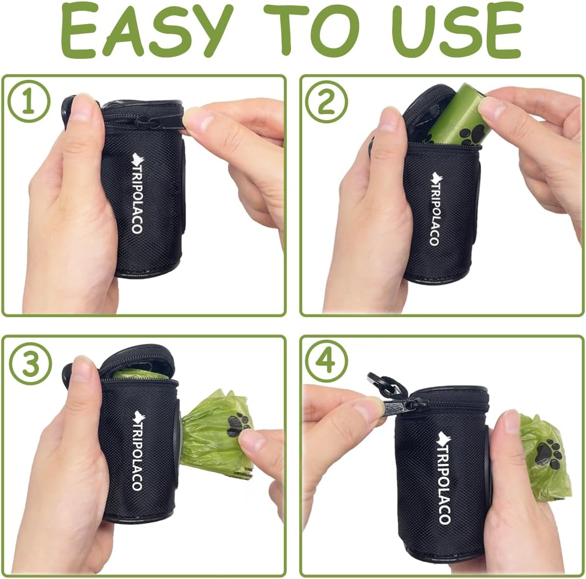 TRIPOLACO Dog Poop Bag Holder for Leash, Easy Release Doggie Poop Bag Dispenser, Fits Most Standard Poo Bags, Soft Fabric Dog Waste Bag Holder with Carabiner Clip, Compatible with All Leashes, Black