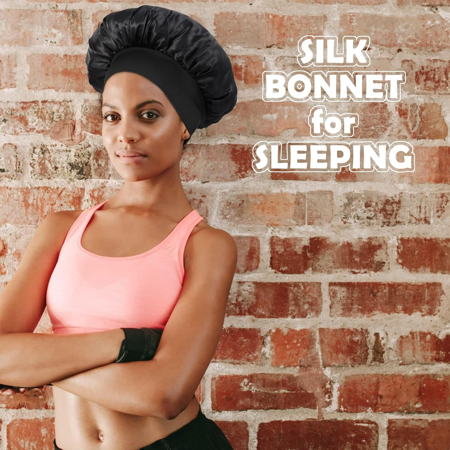 3 Pack Satin Bonnet Silk Hair Bonnet for Sleeping, Soft Elastic Band Silk Sleep Cap,Non-Slip, Wrap for Long Curly Hair image number 5