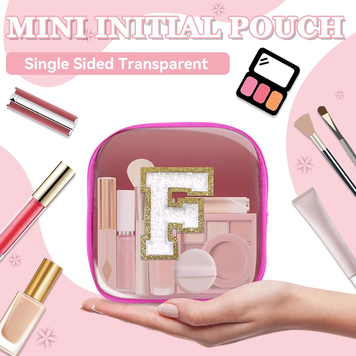 Mini Clear Personalized Initial Makeup Bag, Nylon Preppy A-Z Chenille Letter Patch Zipper Cosmetic Bag, Small Cute Pouch Travel Coin Purse Toiletry Bag, Mini-Hotpink, F image number 6