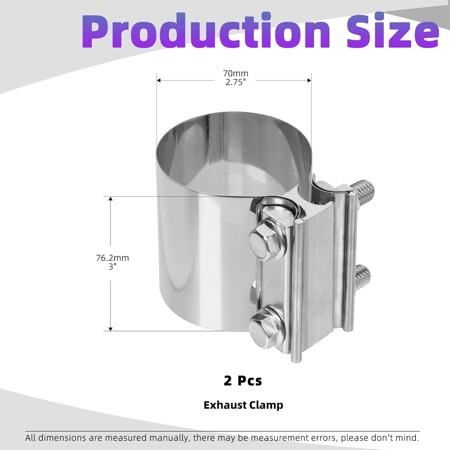 Swpeet 2Pcs 2.75 Inch Stainless Steel Exhaust Clamp, Lap Joint Band Clamp Exhaust Clamps Pipe Repair Parts, Butt Joint Exhaust Band Clamp Sleeve Coupler for Exhaust Pipes Mufflers image number 2