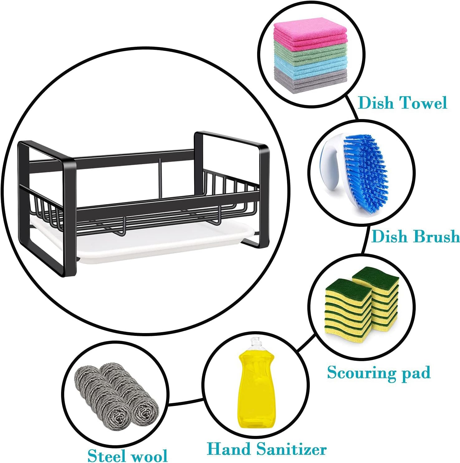 VANTEN Kitchen Sink Caddy Sponge Holder Sink Organizer, Sink Tray Drainer Rack, Soap Dish Dispenser Brush Holder Storage Accessories -Countertop or Adhesive - Black image number 3