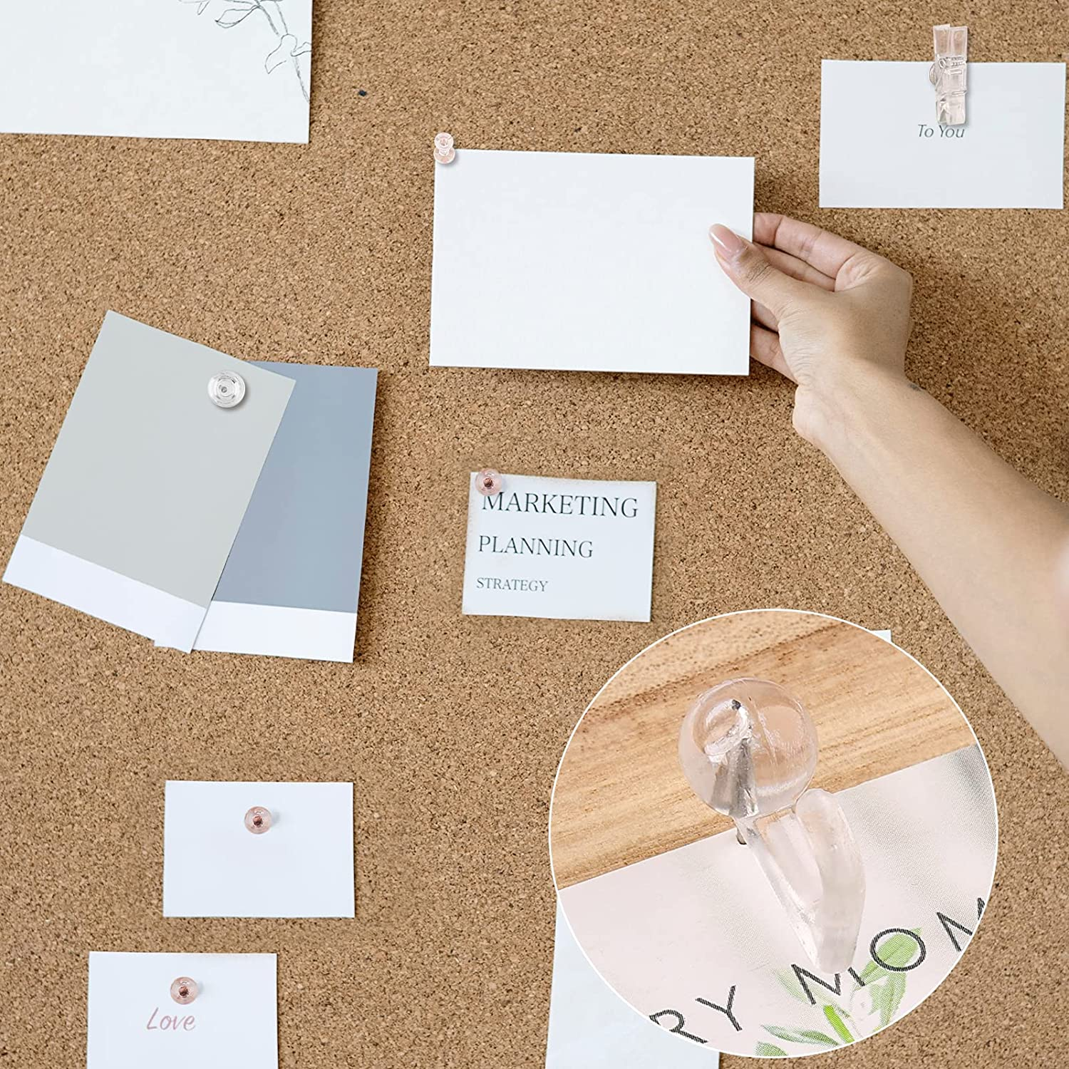 AIEX 125Pcs Push Pin Set - Clear Plastic Hook, Clip, Decorative Thumb Tacks with Stainless Steel Point for Cork Board, Bulletin Board, Office Wall (5 Styles) image number 5