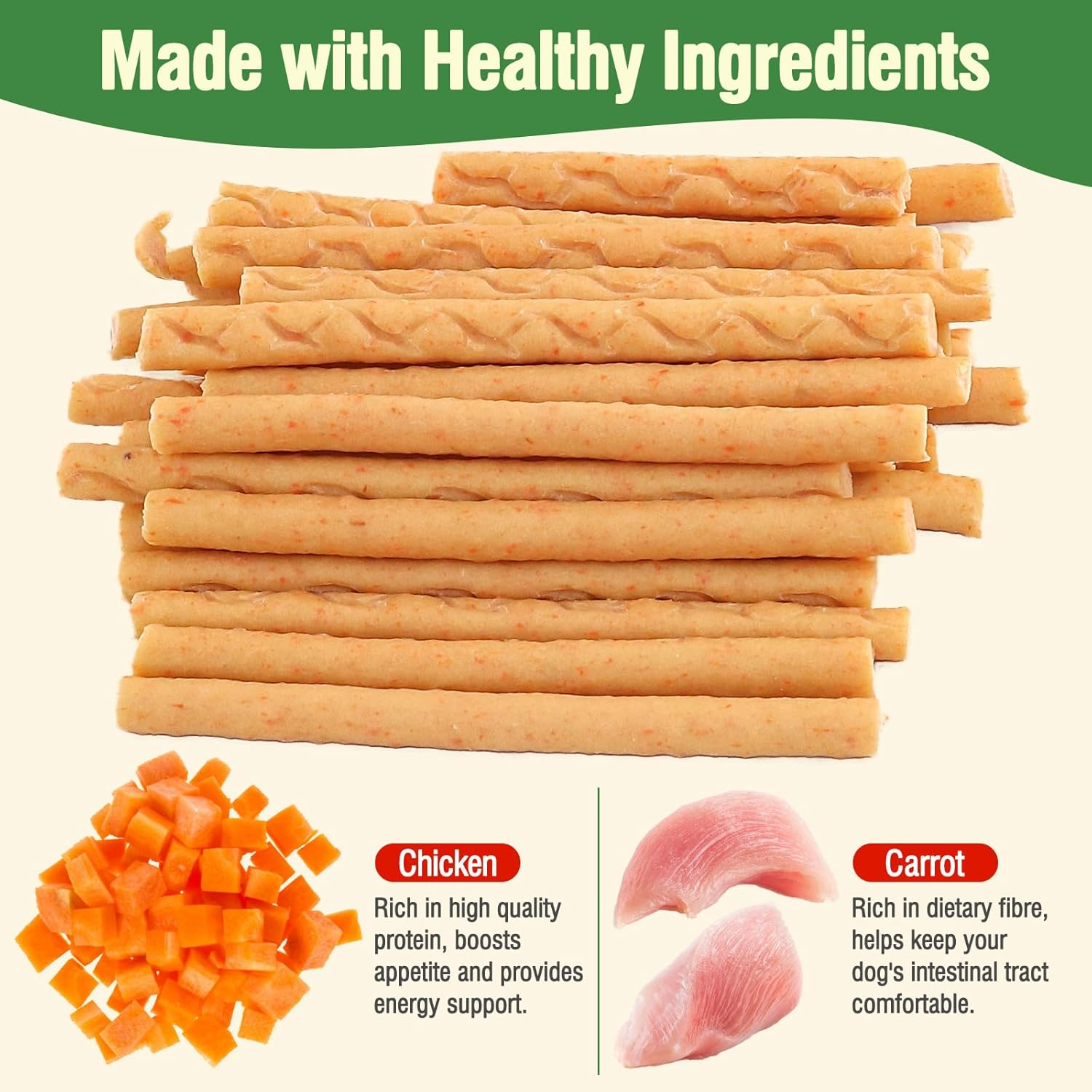 Healthy Dog Chicken and Carrot Stick Treats，Natural Chewing Sticks with Vitamins for Dental Health, Dog Treat for All Breeds, Puppy to Adult 7.05 Oz（200G） image number 2