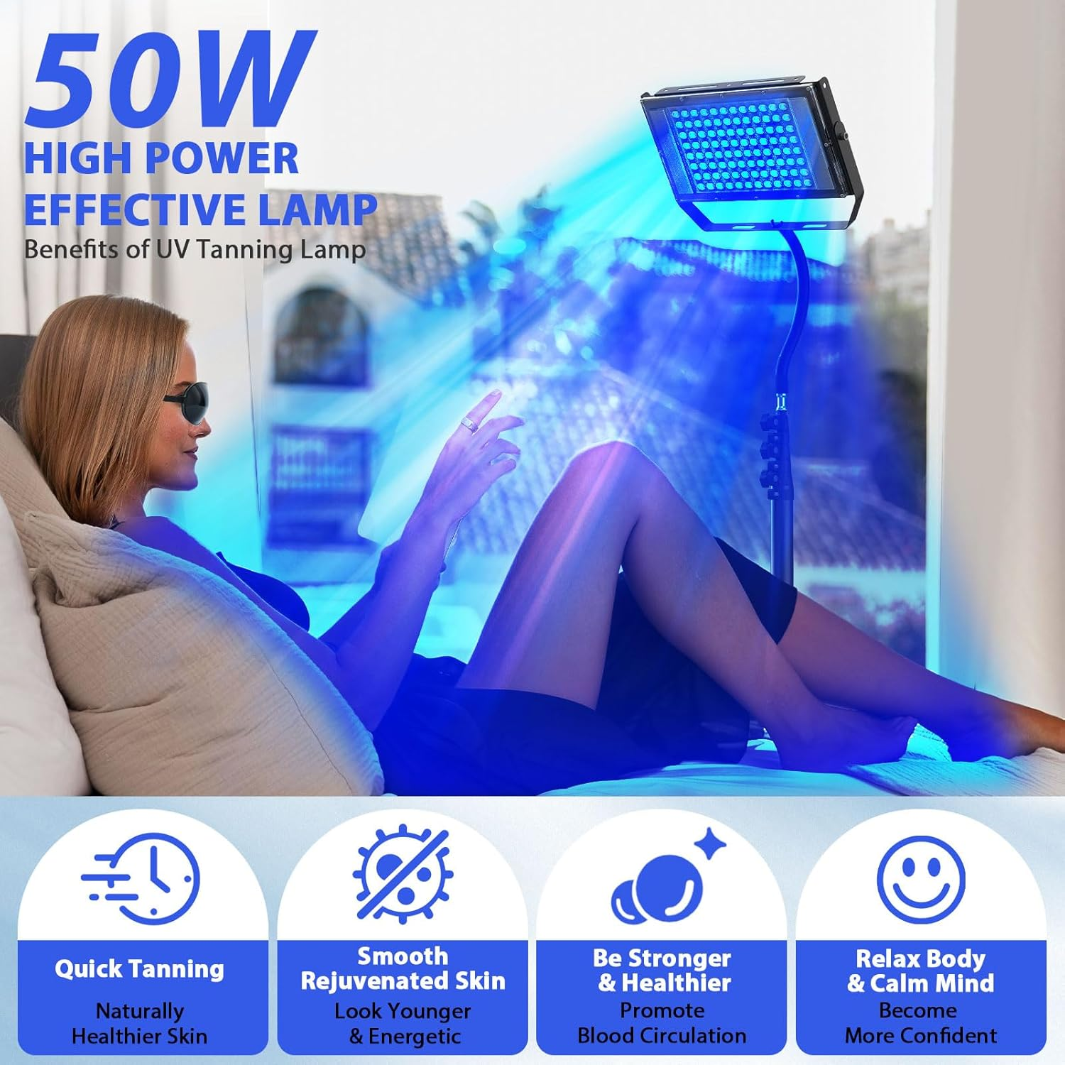 Ikeener anning Lamp Solarium for Home, 50W Sun Lamp with Adjustable Stand for Face and Body, Face anning Lamp with 2 Modes and 5 Brightness image number 1