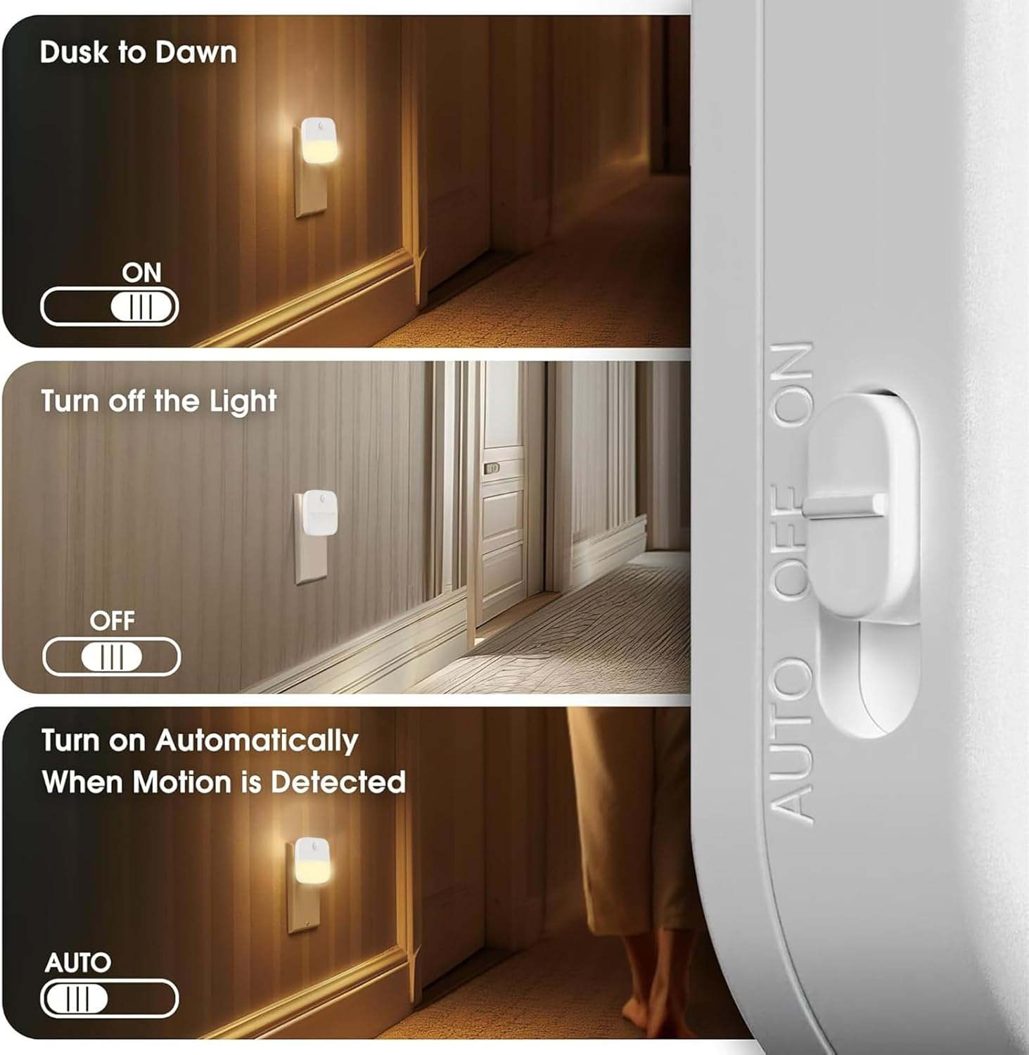 2Pack Motion Sensor Night Light, 3000K LED Night Lights Plug in with Dusk to Dawn Sensor, 0-80LM Warm White, Kids Night Lamp for Bedroom, Bathroom, Laundry, Corridor (2Pcs 3-Position Switch) image number 3