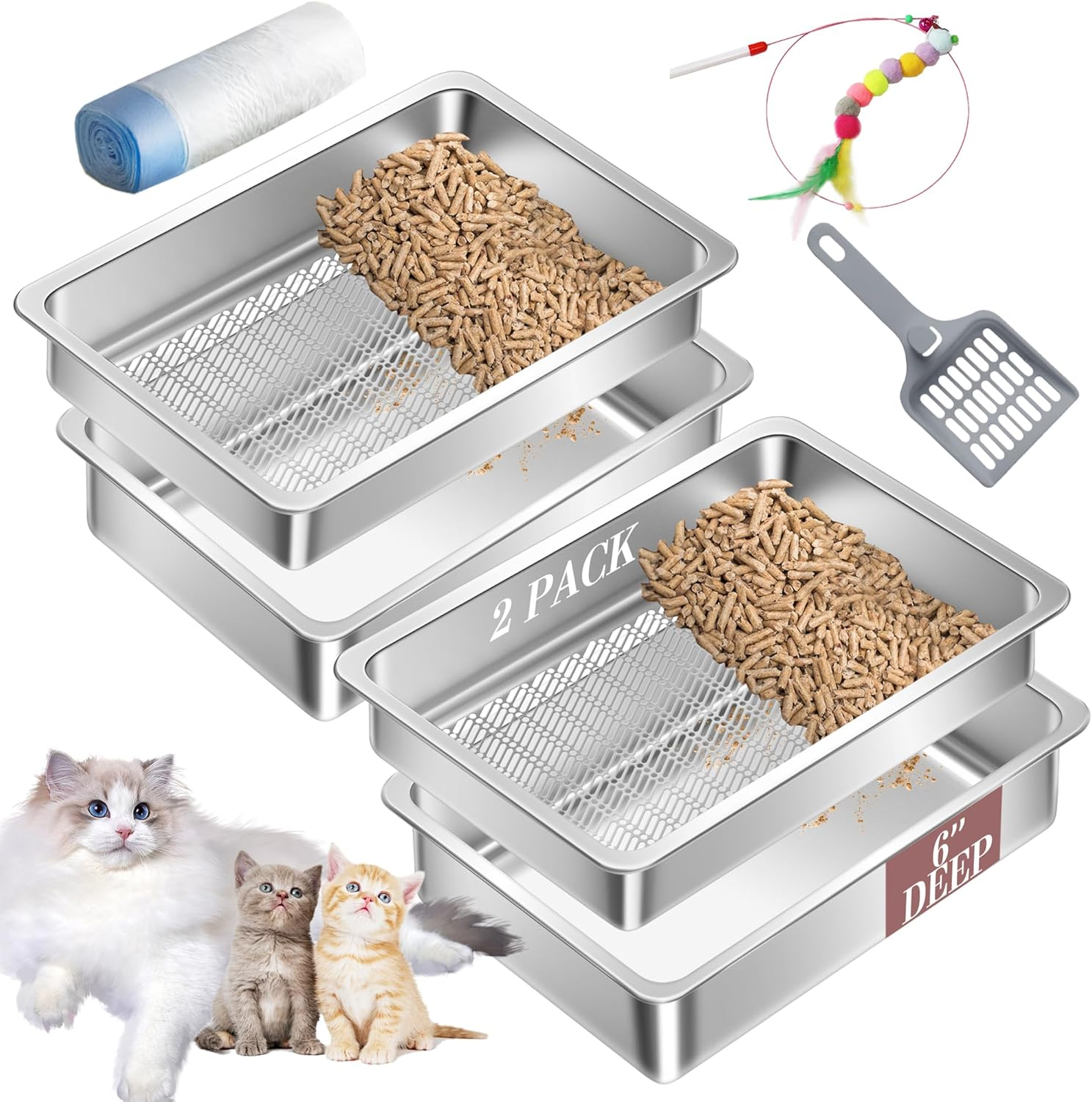 Stainless Steel Sifting Small Cat Litter Box for Pine Pellets,Metal Kitten Litter Box Sifter Pan with Litter Scoop, Low Dust, Odor Control, Easy Cleaning