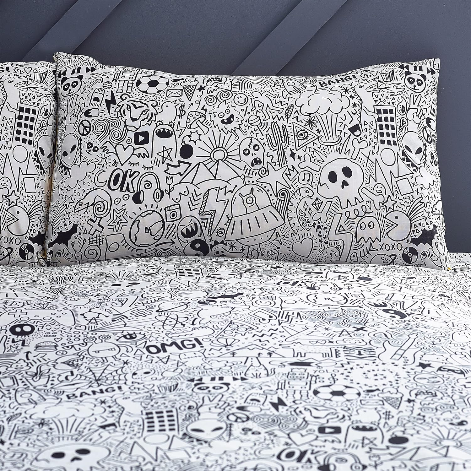 Style Lab Doodles Duvet Cover Set, White/Black, Double image number 2