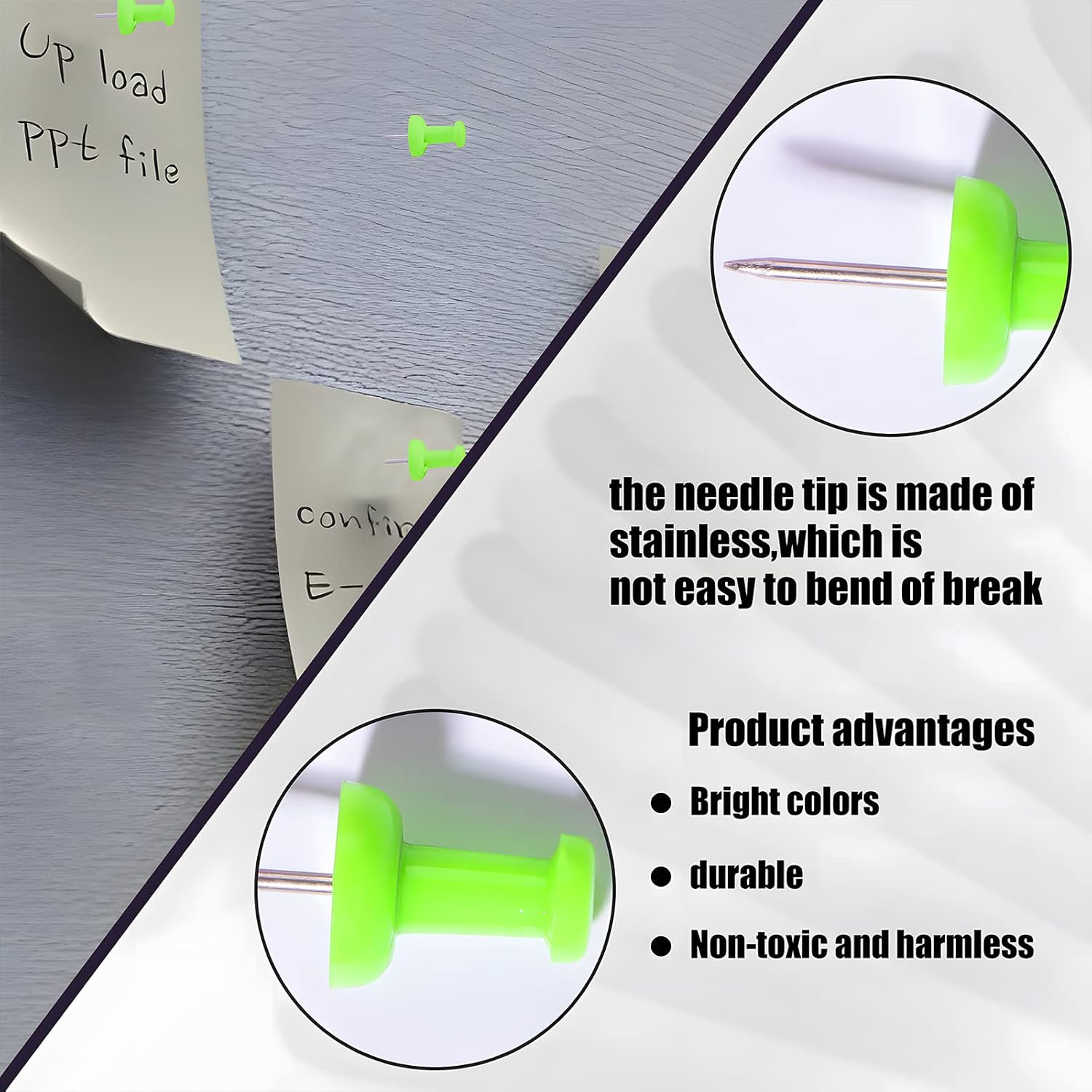 VAPKER Push Pins Tacks 120Pcs Solid Green Thumb Tacks Larger Size Pin Map Tacks Plastic Head with Steel Point for Bulletin Board image number 4