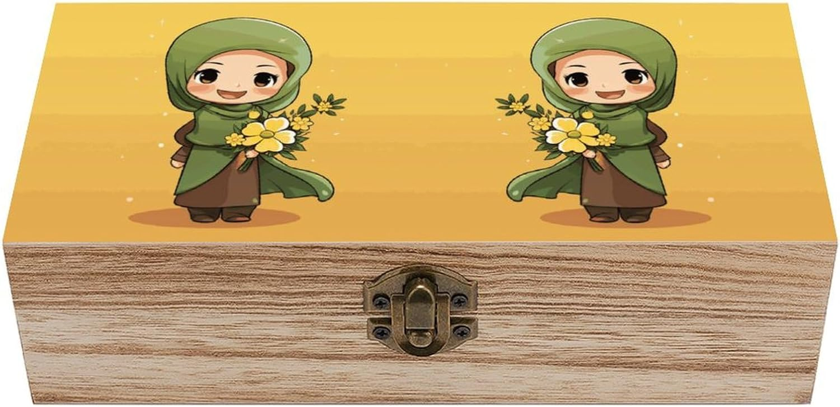 Cartoon Muslim Girl Wooden Box Wood Wedding Keepsake Boxes with Lids Small Decorative Boxes Lightweight Wooden Memory Storage Box for Crafts Keepsakes Jewelry Photo Letter Storage image number 4