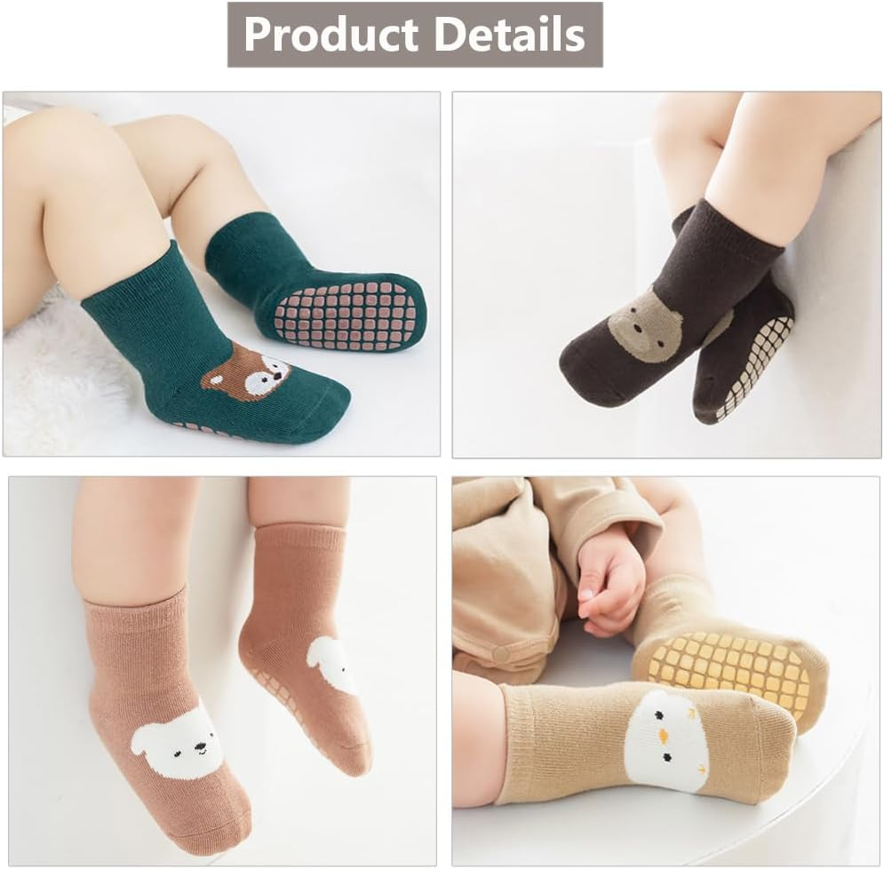 Reelau [5 Pairs] Baby anti Slip Grip Socks, for 1-5 Years' Kids Cotton Socks with Grips Unisex Non Slip Grip Socks Baby Floor Crawling Ankle Sock image number 3
