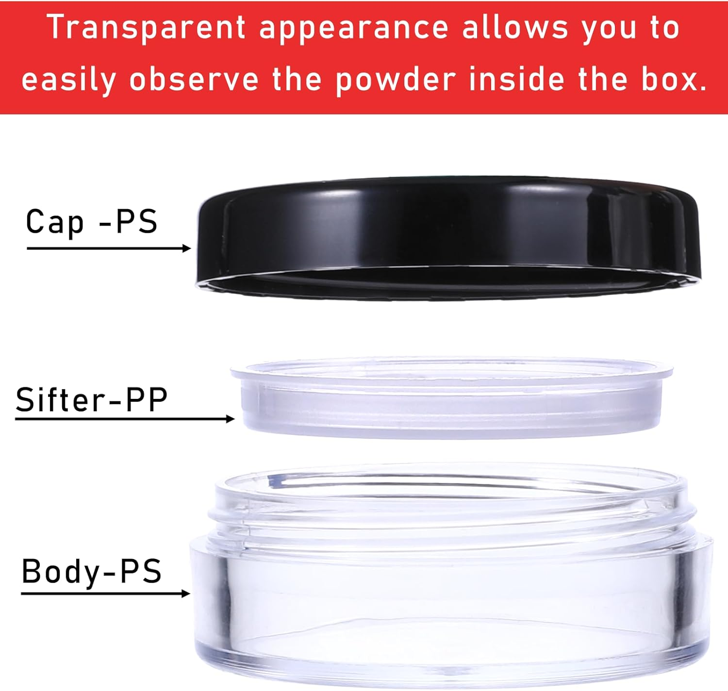 Fdczeyxior 2PCS 10Ml/0.34Oz Black Square Plastic Refillable Loose Powder Container with Rotatable Sifter and Leakproof Screw Lid image number 5