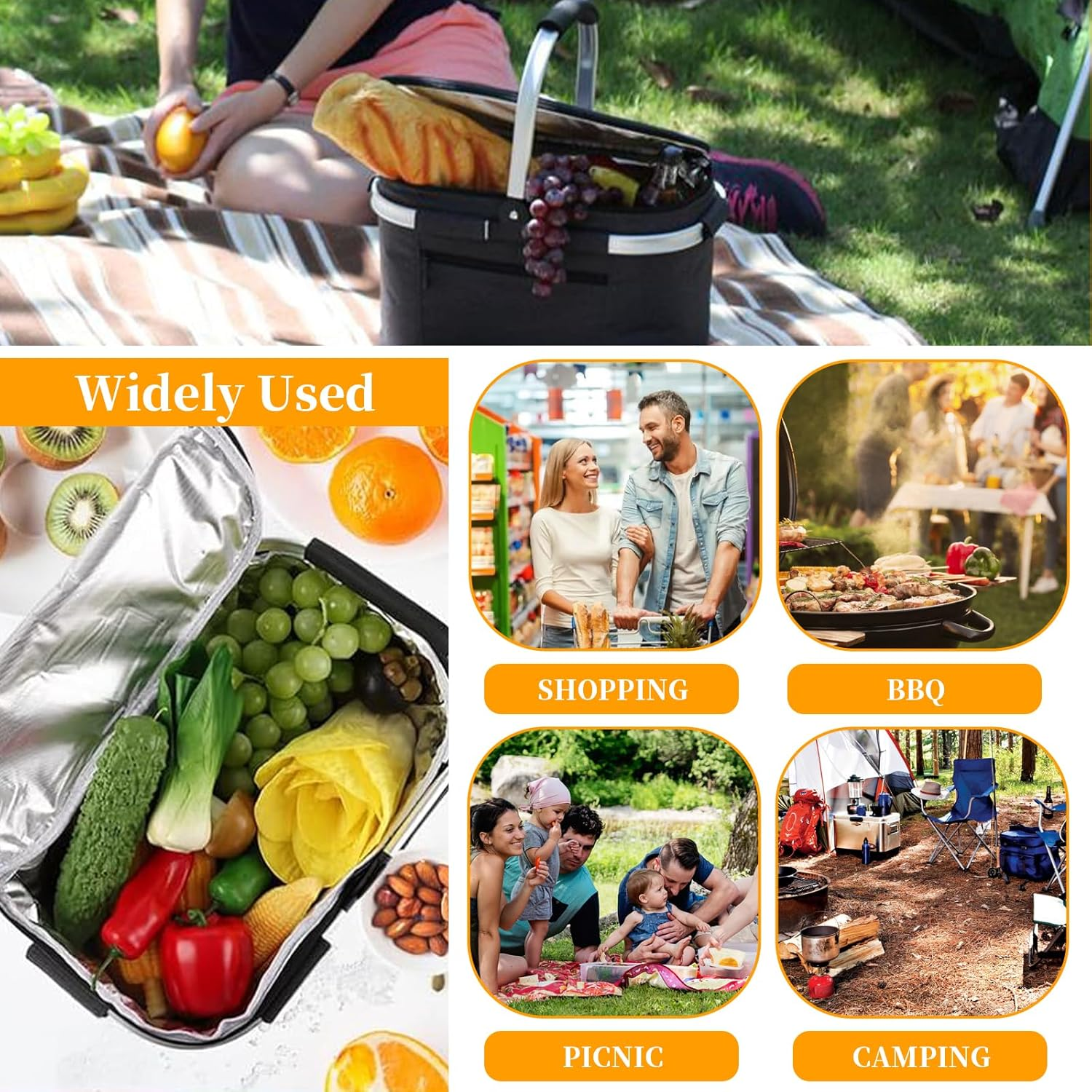 Insulated Picnic Basket with Handles, Portable Foldable Picnic Hamper, Collapsible Cooler Lunch Bag, Market Tote Bag, Food Storage Basket for Picnic Food Delivery Take Out Market Shopping Travel (BK) image number 6