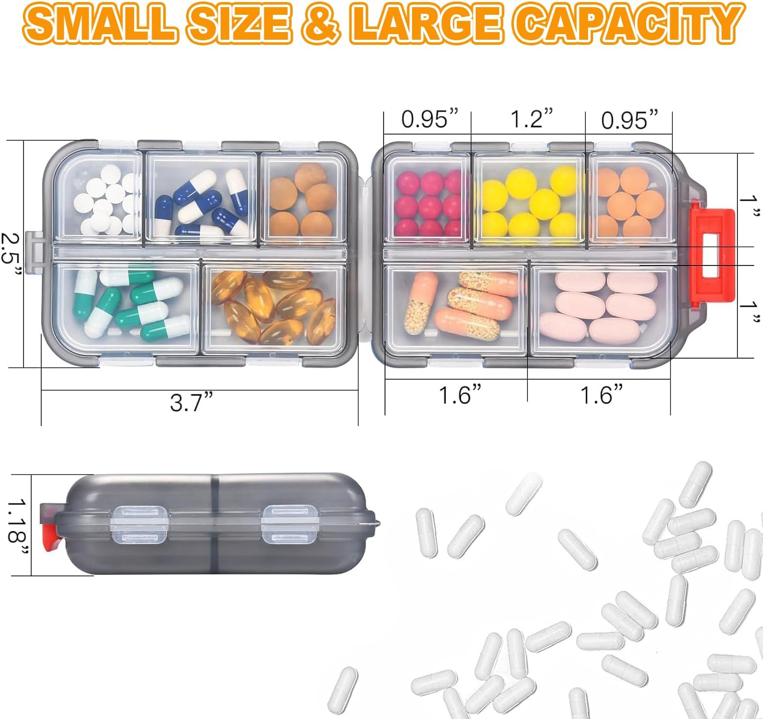 4Pack Travel Pill Organiser, 8 Compartments Portable Pill Box, Large Capacity Tablet Organiser for Supplements, Pills, Vitamins and Medication- Airtight & Moistureproof (4 Pack Model 2) image number 4