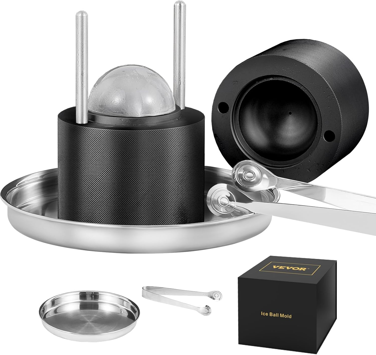 VEVOR Ice Ball Press, 6Cm Ice Ball Maker, Aircraft Al Alloy Ice Ball Press Kit for 60Mm Ice Sphere, Ice Press with Tong and Drip Tray, for Whiskey, Cocktail, Bourbon, Scot on Party & Holiday, Black