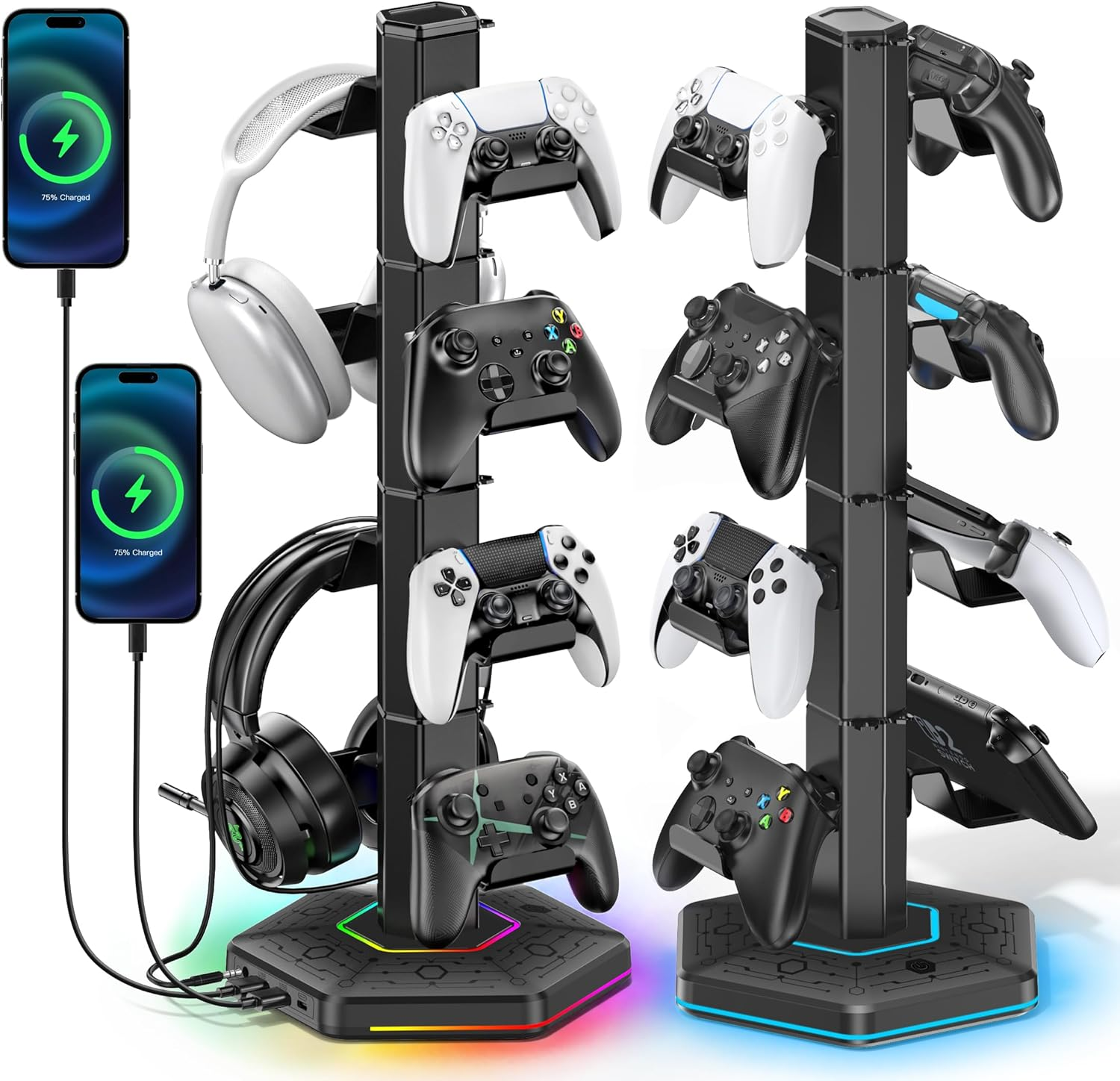 Kytok RGB Controller Holder for Ps5/Ps4/Xbox/Switch, Headphone Stand with 2 USB Charging Ports & Type-C & Headphone Jack, Controller Stand with Cable Organizer, Headset Holder for Desk, 4 Tiers Black