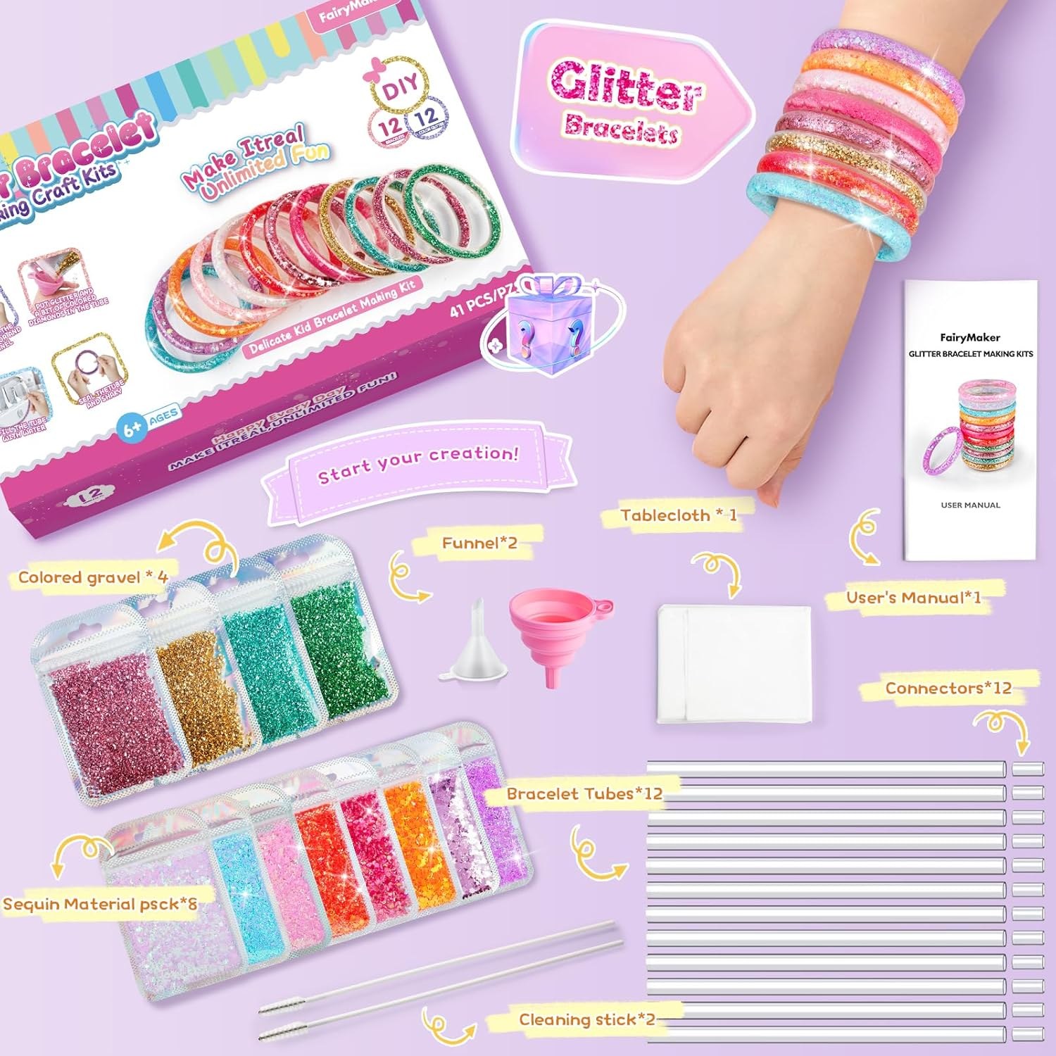 Fairymaker Glitter Bracelet Making Kit for Girls, DIY Arts and Crafts Kit with 12 Bracelets, 8 Glitter Colours, 4 Gemstone Types, Laser Sparkle Shapes for Kids&rsquo; Birthday, Gifts for Ages 6-12 (Multicolored) image number 5