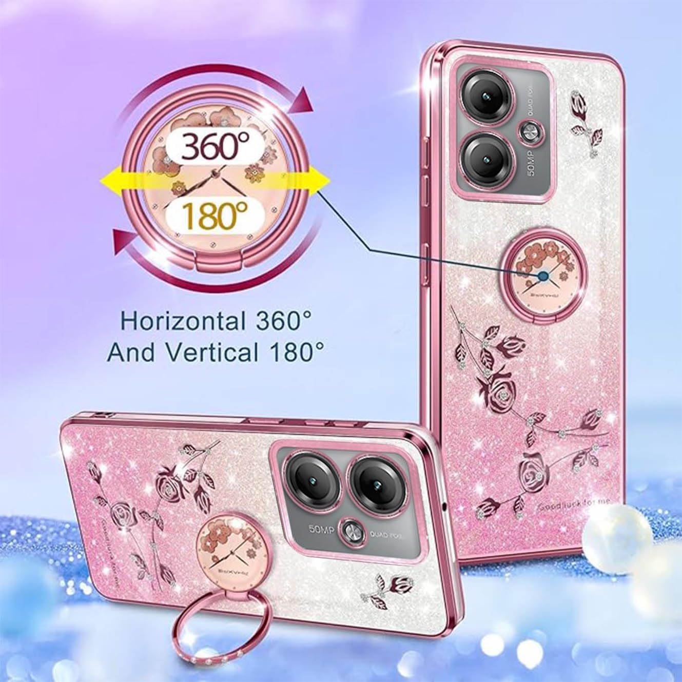 YUECXIN Case for Motorola Moto G55 5G with Shiny Flowers Ring Stand, Cute Bling Women Girls Mobile Phone Case, Ultra Thin Shockproof Soft TPU Silicone Protective Case, Pink image number 6