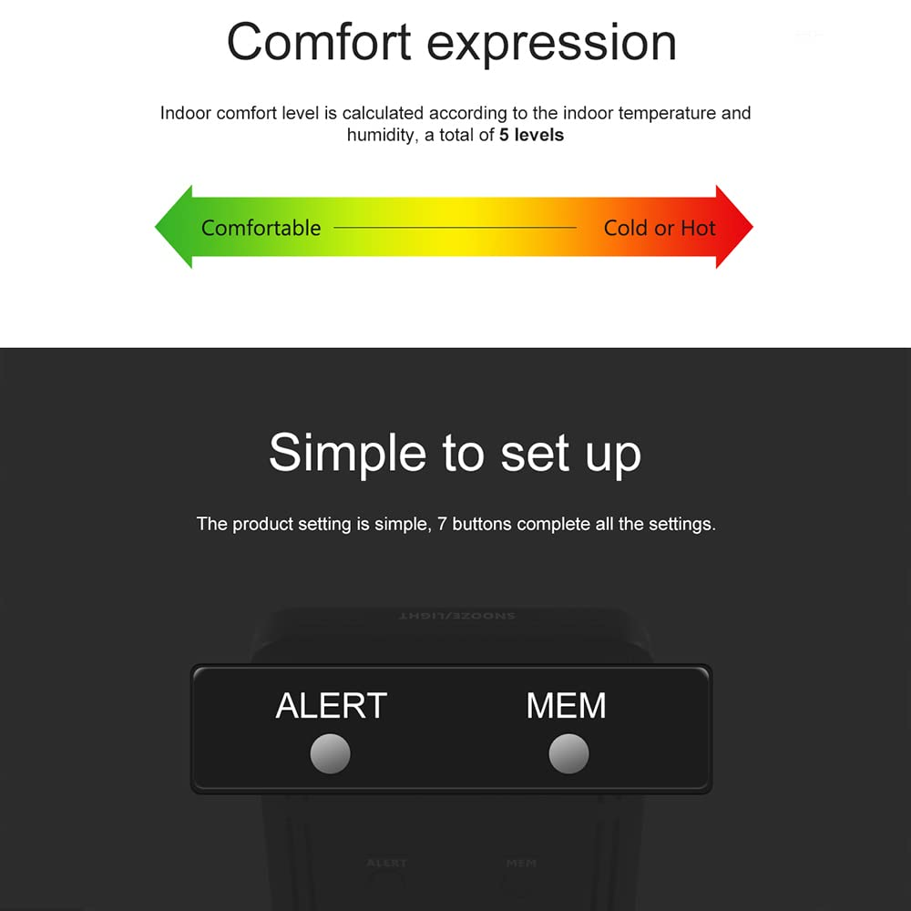 LCD Weather Station Alarm Clock with Snooze Digital Indoor Outdoor Temperature Humidity Monitor Thermohygrometer with Backlight/Date/Week/Moon Phase/Comfort Level/Alarm Function for HOM GTRH image number 4