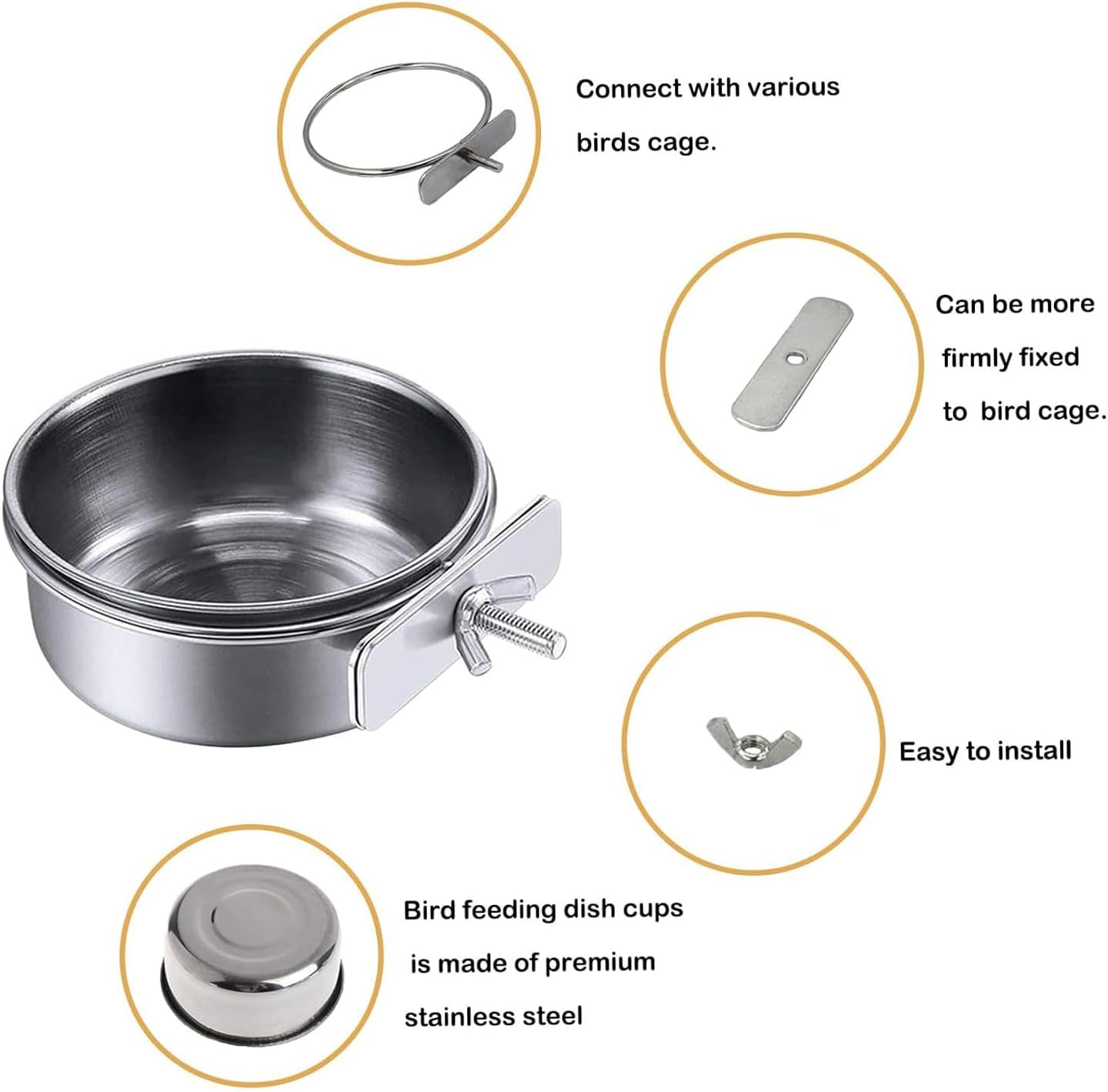 Lexziuo 2PCS Stainless Steel Bird Feeding Dish Cup - Parrot Food & Water Bowl, Chinchilla Feeder, Durable Cage Mounted Bird Feeders for Cockatiels, Lovebirds & Small Pets