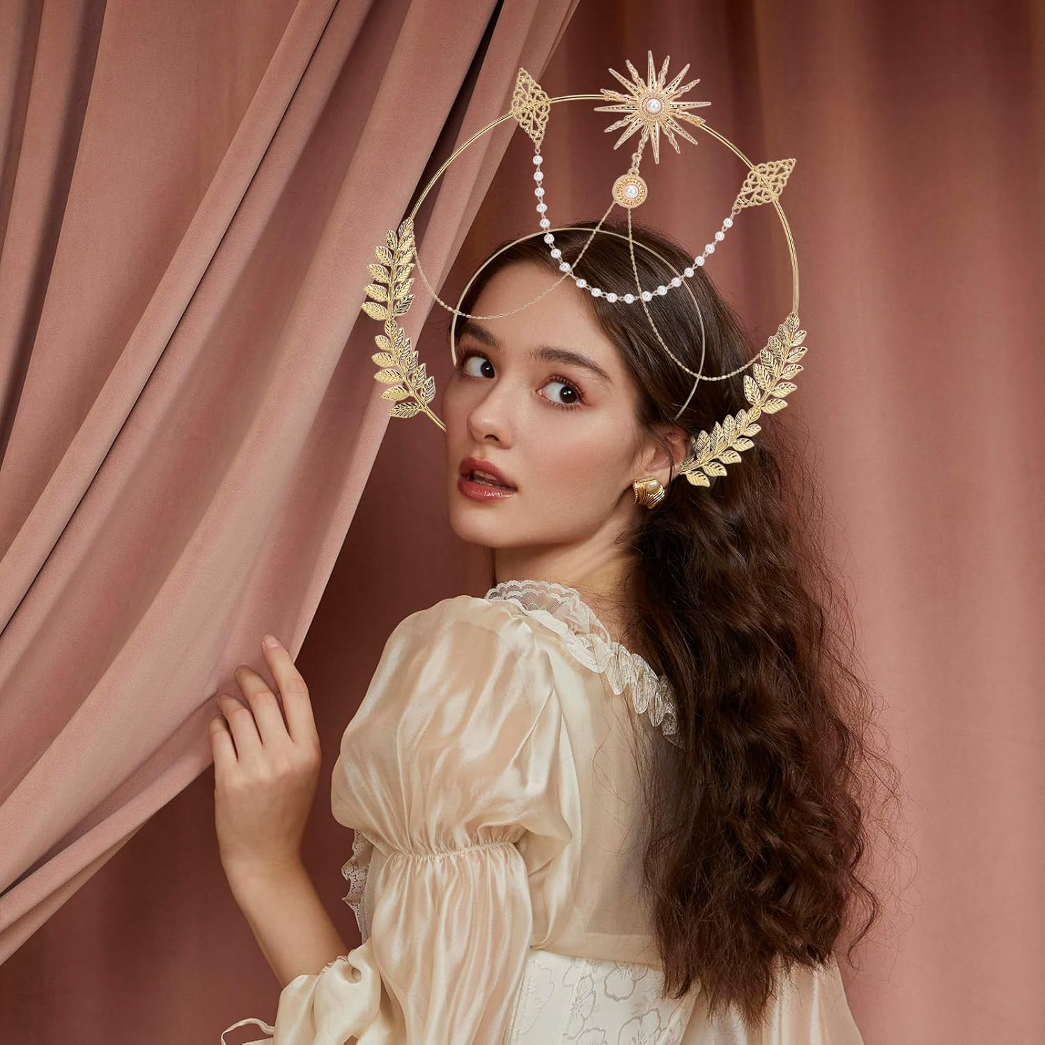 NICENEEDED Halo Crown Headpiece, Gothic Sun Goddess Headband, Gold Leaf Mary Halo Crown Headdresses Costume Cosplay Party Palace Queen Headwear Angel Tiaras for Women Halloween image number 1