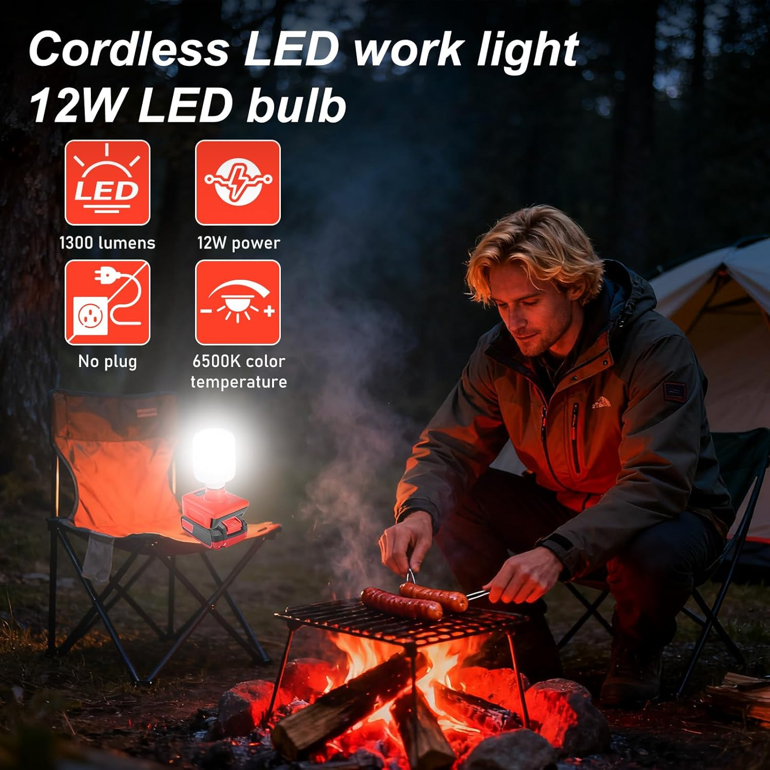 Battery Lamp for Einhell 18 V Battery, 12 W LED Work Light with E27 Bulbs Adjustable Brightness 150-1300LM Spotlight, Wireless Work Spotlight for Construction Sites and Outdoor Camping Emergency image number 2