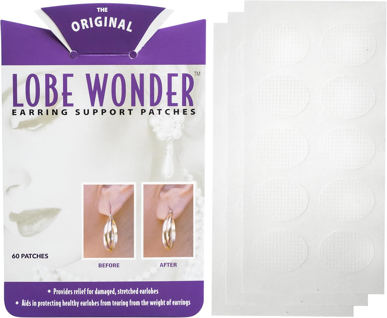 Lobe Wonder - the ORIGINAL Ear Lobe Support Patch for Pierced Ears - Eliminates the Look of Torn or Stretched Piercings - Protects Healthy Ear Lobes from Tearing - 60 Patches - Clear & Latex-Free image number 2