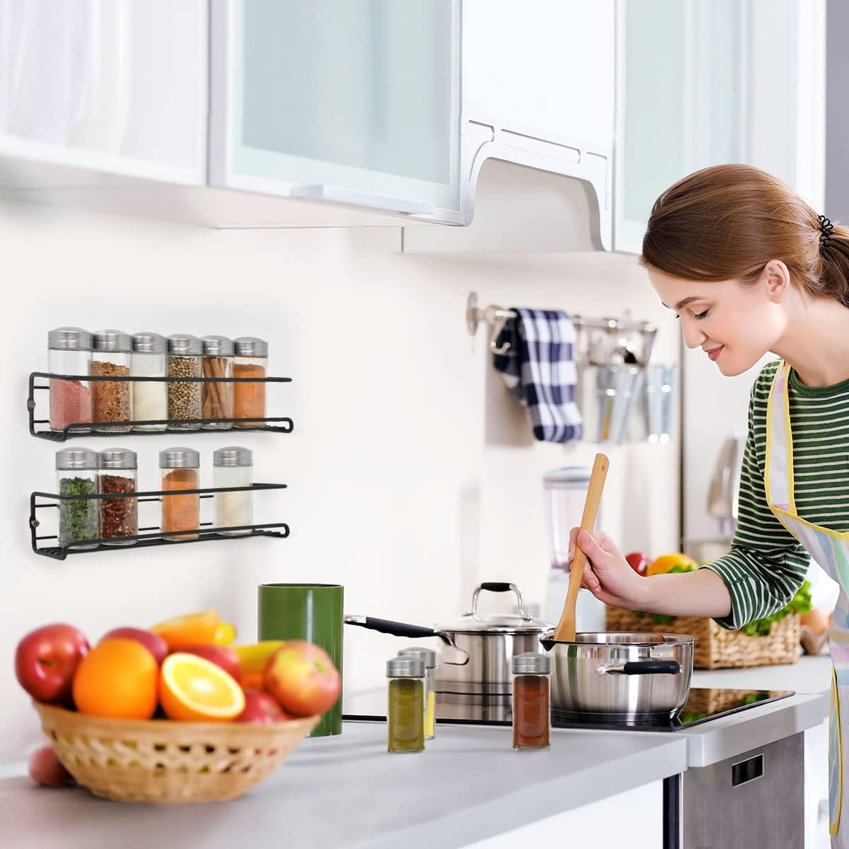 Joeji'S Kitchen Black 2-Tier Spice Shelf Herb Rack - Seasoning Organiser for Kitchen - Wall Hanging Spice Rack Organiser - Spice Rack for Spices, Condiments, Cooking Tools