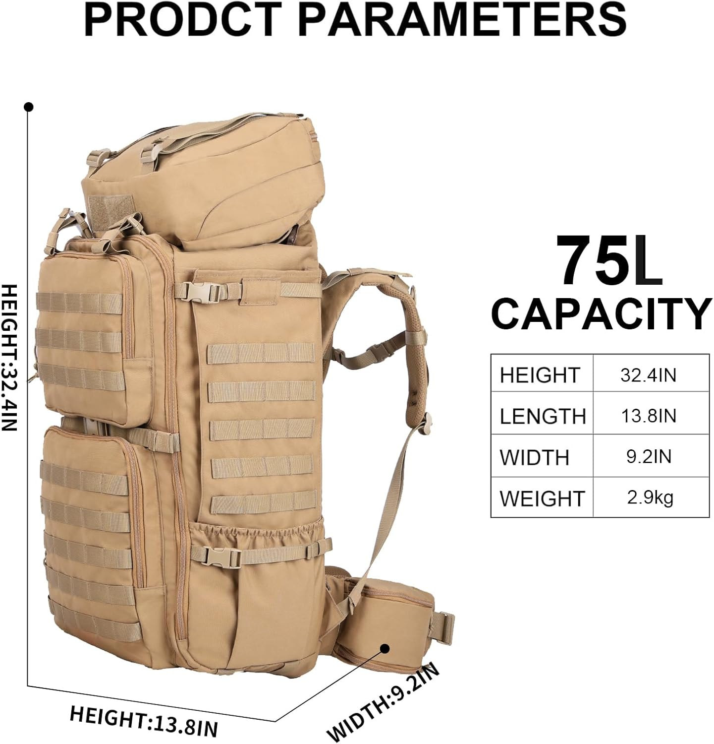 Zsearaymy 75L Hiking MOLLE Backpack with Internal Frame & Rain Cover for Tactical, Camping, Backpacking, Survival Travel image number 4