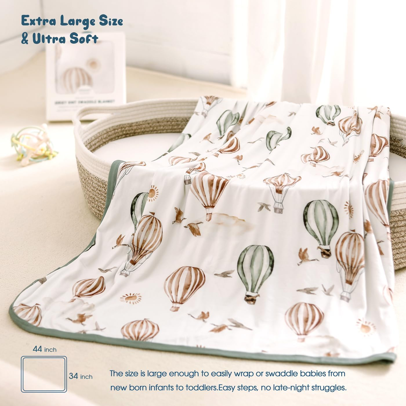 GRSSDER Baby Blankets Super Soft Jersey Knit Swaddle Blanket for Baby Girls and Boys, Double Layer Receiving Blankets 34 X 44 Inches, Extra Large for Baby Swaddling, Balloon Print - Balloons image number 5