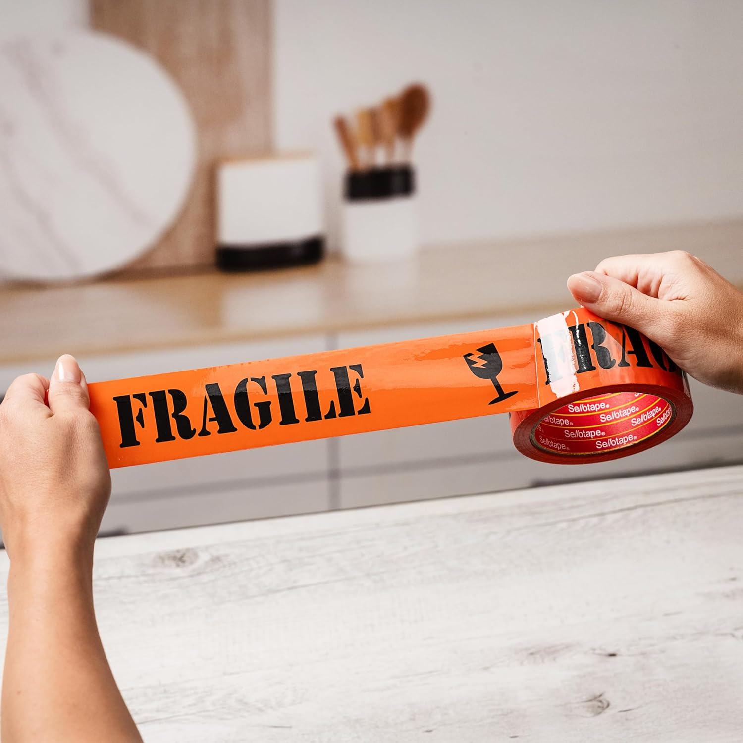 Sellotape Fragile Tape, Orange, High Visibility Packaging Tape, Water-Based Acrylic Adhesive, Ideal for Sealing Fragile Packages, 48Mm X 50M Roll image number 2