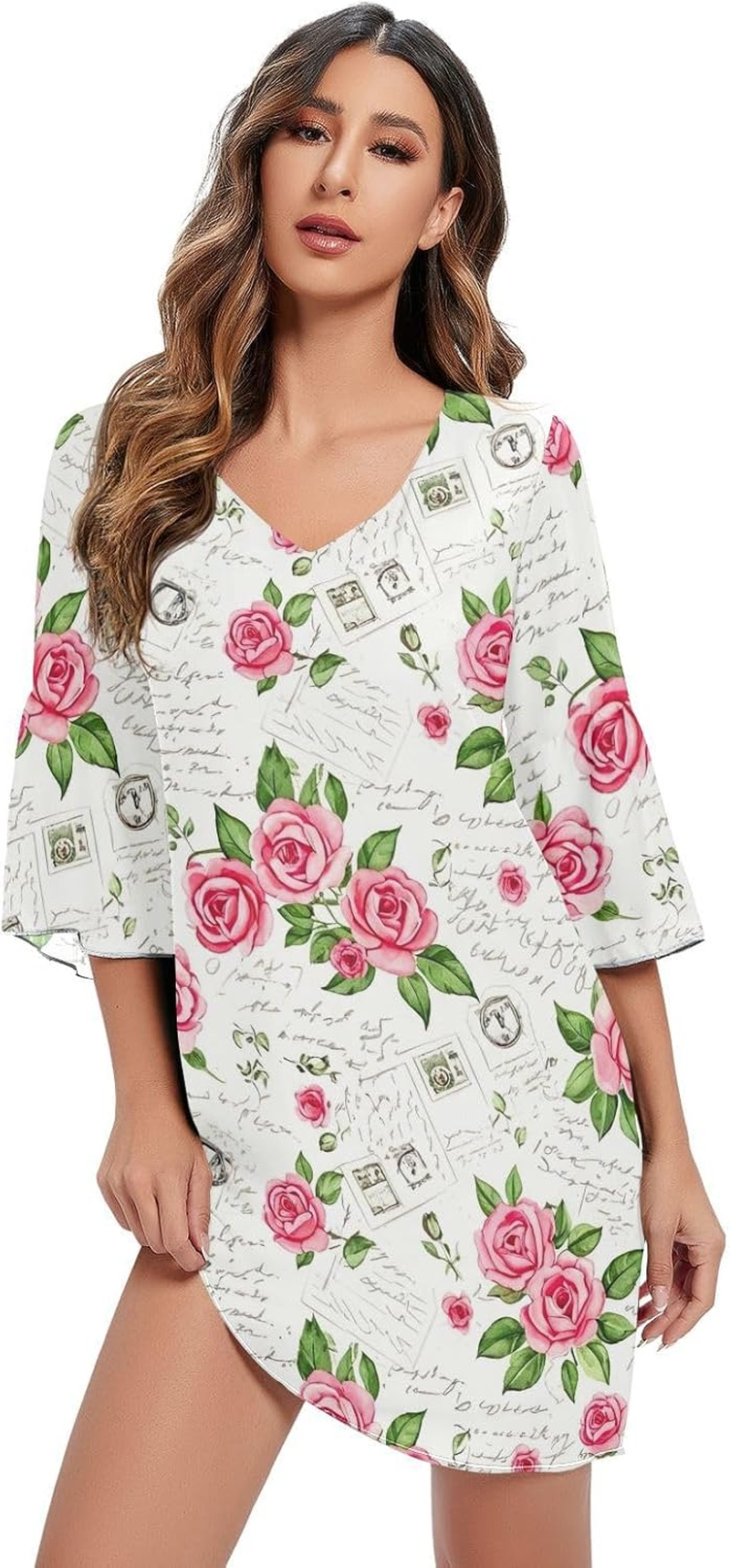 Vintage Postcards Chiffon V Neck Dress Printed Line Maternity Dress