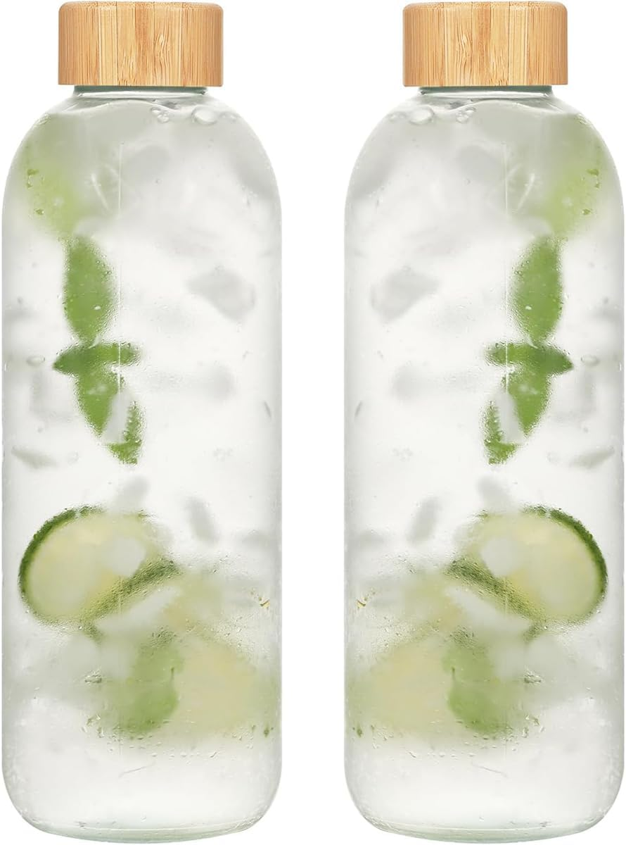Blissify 1L High Borosilicate Glass Water Bottles with Bamboo Lids, 2 Pack Glass Juice Bottles, Reusable Drinking Bottles for Hot Cold Drinks, Home, Office, Gym & Outdoors