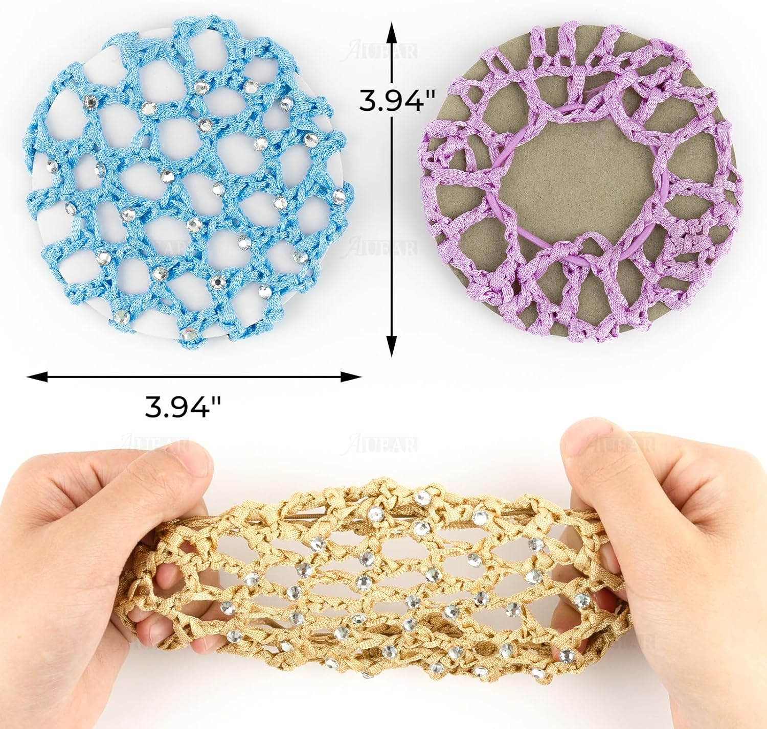 AUEAR, 5 Pack Hair Bun Cover Rhinestone Snood Hair Net Handmade Crochet Elastic Bun Hair Nets for Women Girls Ballet Dance Skating image number 5