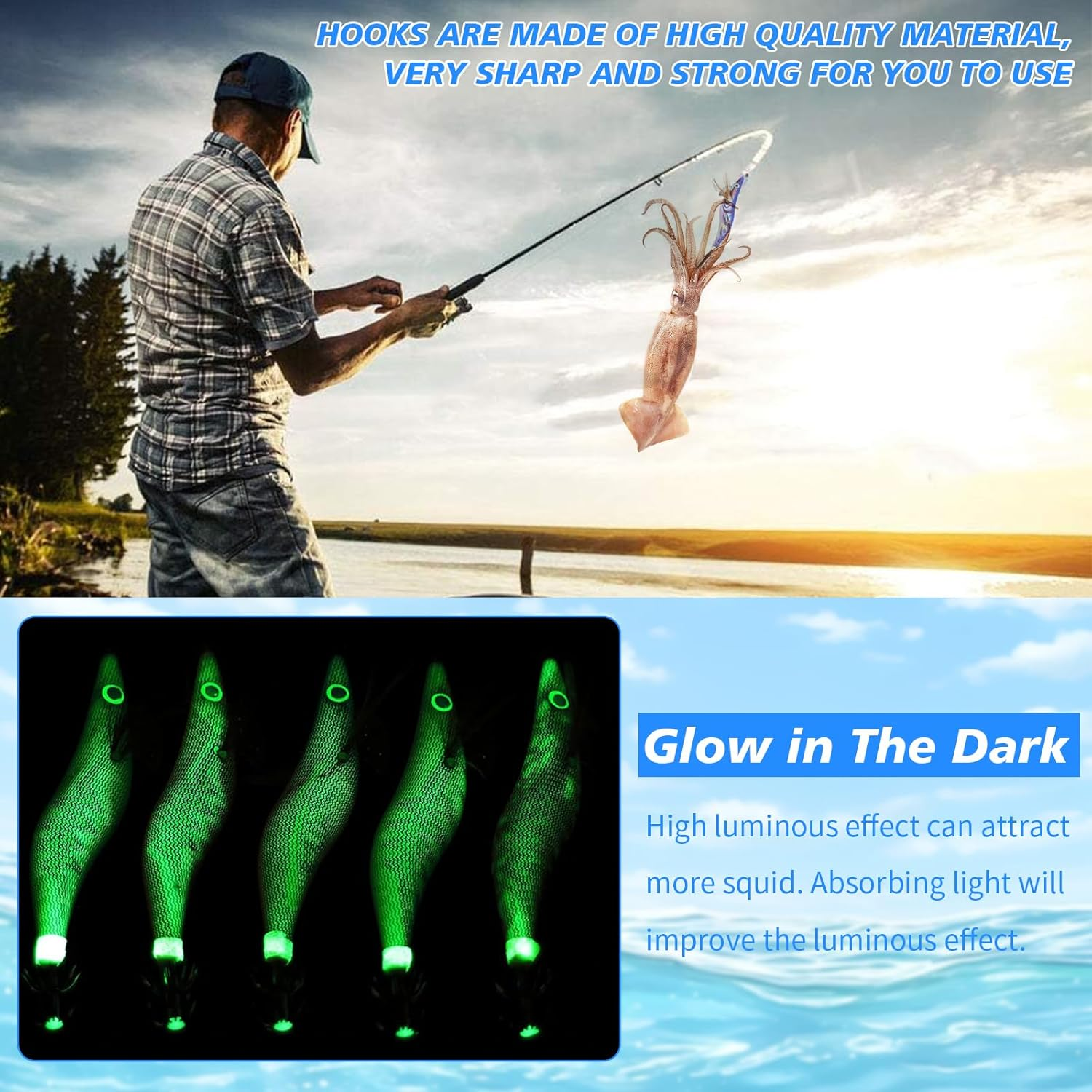 8 PCS Squid Jig Fishing Hook, Fishing Spinner Lures Kit, Shrimp Artificial Lures, Luminous Shrimp Squid Jig Hooks, Hard Fishing Lures, Octopus & Cuttlefish Fishing Hook Tackle for Anglers image number 4