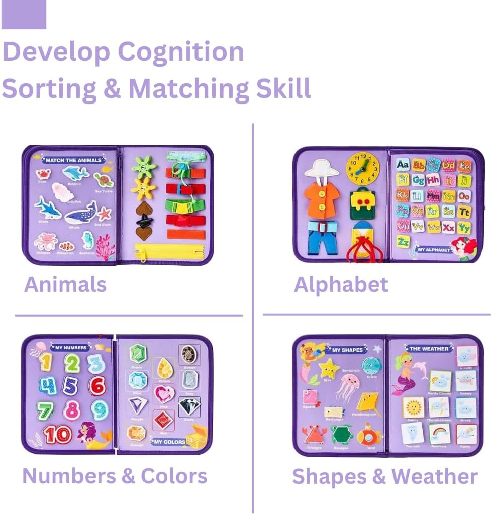 Montessori Busy Book for Toddlers &ndash; Sensory Learning Travel Toys, Busy Board Activity Book for Plane, Car & Preschool &ndash; Educational Birthday 1 2 3 4 5 6 Year Old Boys & Girls (Purple) image number 3