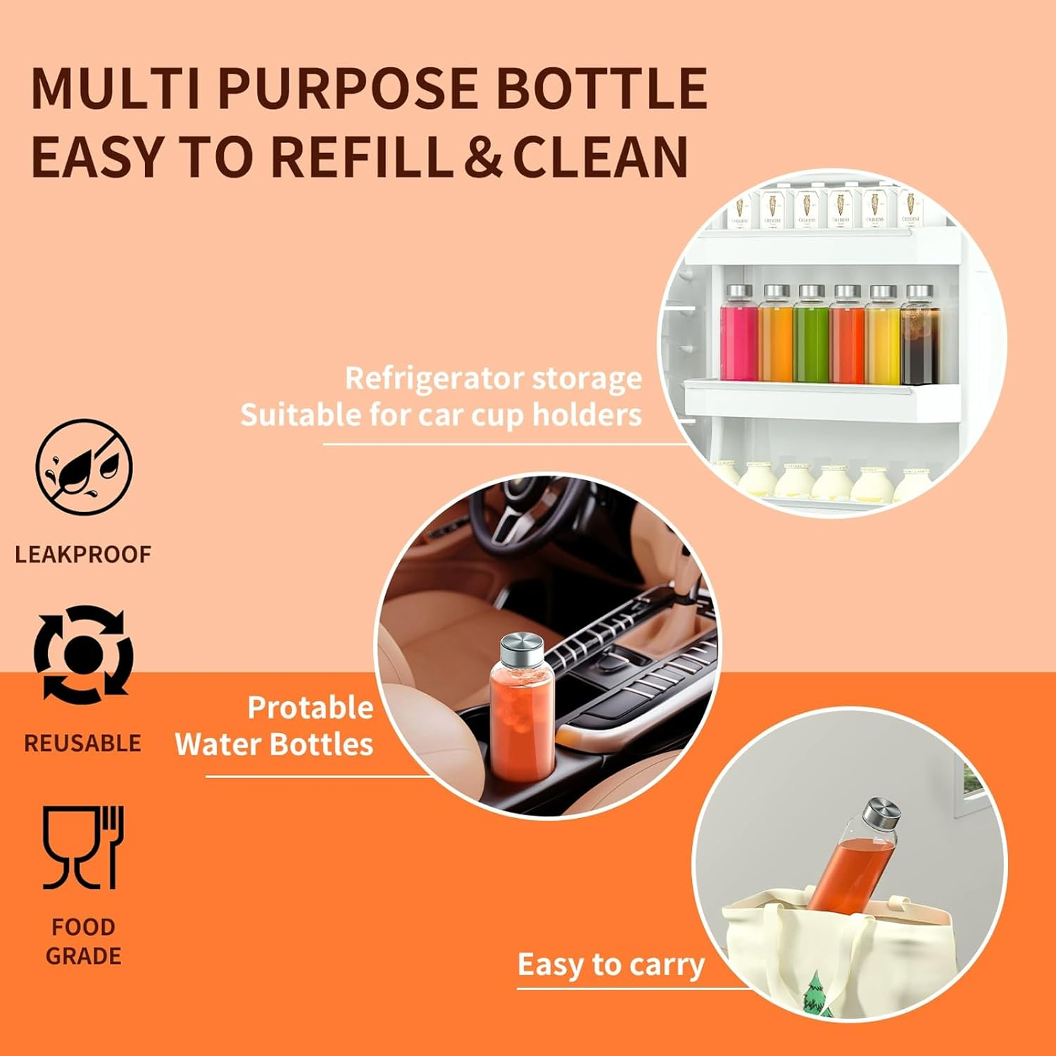 Taoluwin Glass Water Bottle Set, 6-Pack 18OZ Clear Glass Bottles, Reusable & Leak Proof Juice Containers for Water, Juice, Tea, and More image number 4