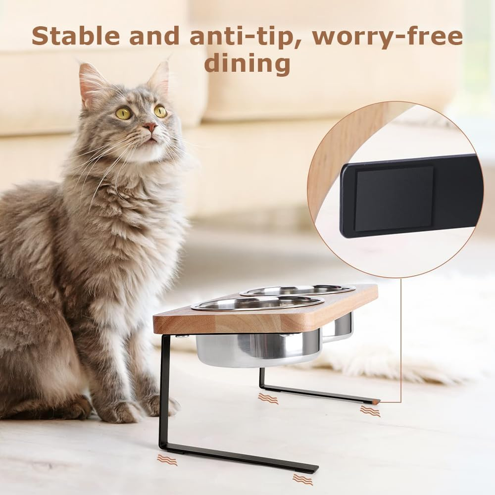Elevated Cat Bowls with 2 Holder, Portable Pet Bowl Holder, Pet Bowls Stand, Raised Food Feeding Dishes, Bowl Holder Suitable for Medium Large Animals (Wood, 30&times;15&times;16 CM) image number 6