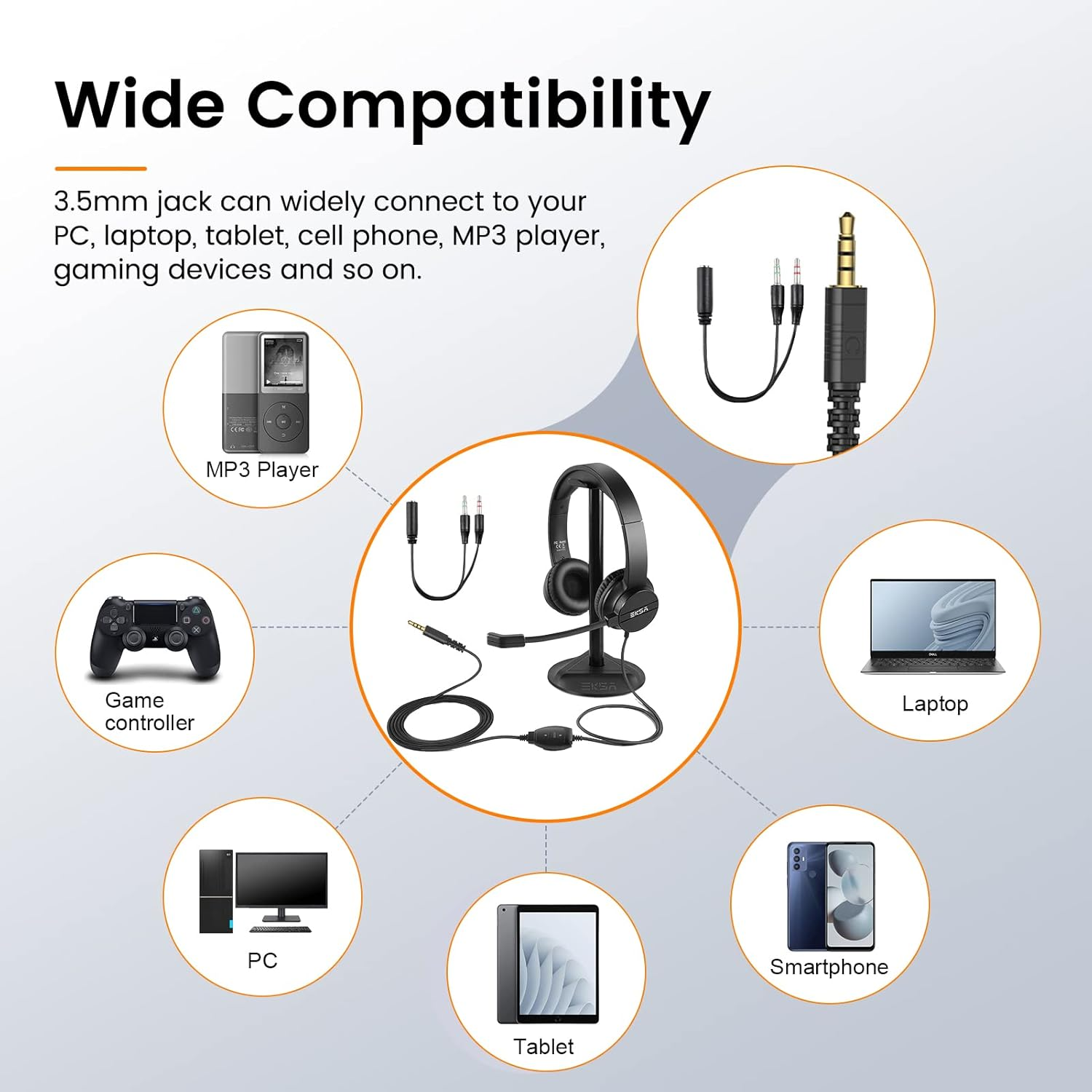 EKSA Wired Headset with Microphone, on Ear Computer Headsets 3.5Mm Jack with Volume & Mic Mute Button, Lightweight Noise Cancelling Headphones for PC Laptop Call Center Work Office Skype