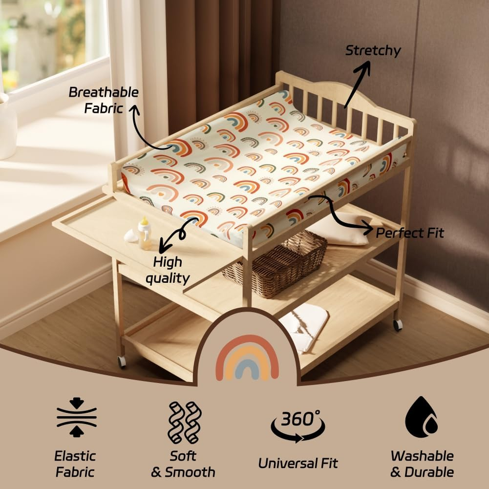 4 Pack Boho Nursery Sheets - Sunshine and Rainbow Design, Neutral Unisex Fitted Baby Changing Pad Cover Sheets for Baby Boys or Girls image number 2