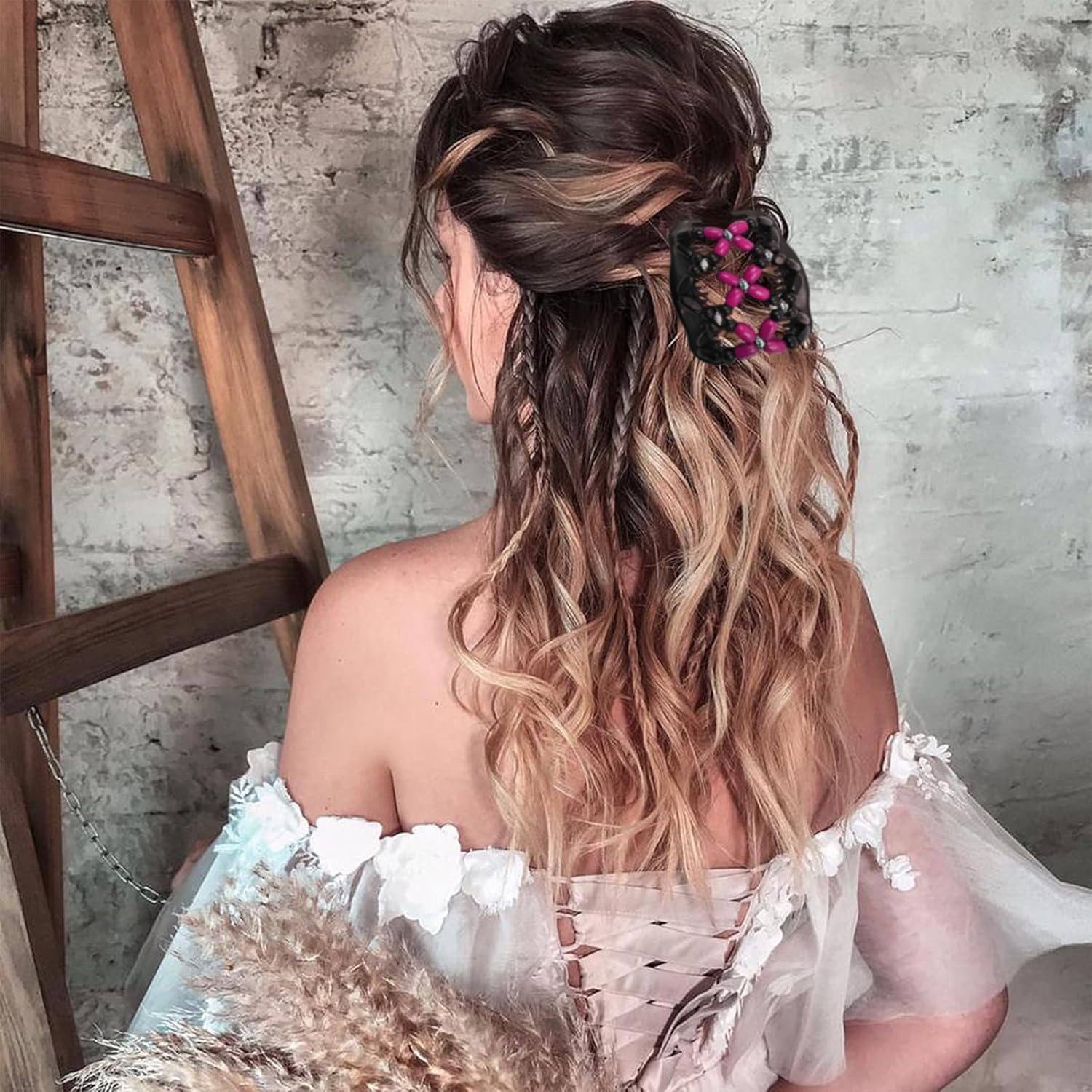 5 Pieces Stretchy Magic Hair Comb Adjustable Elastic Comb Hair Clip for Women Girls No Crease Hair Pins Vintage Hair Bun Maker Hair Accessories for Curly Thick Wavy Hair Ponytail - Black,Brown,White,Blue,Pink image number 7