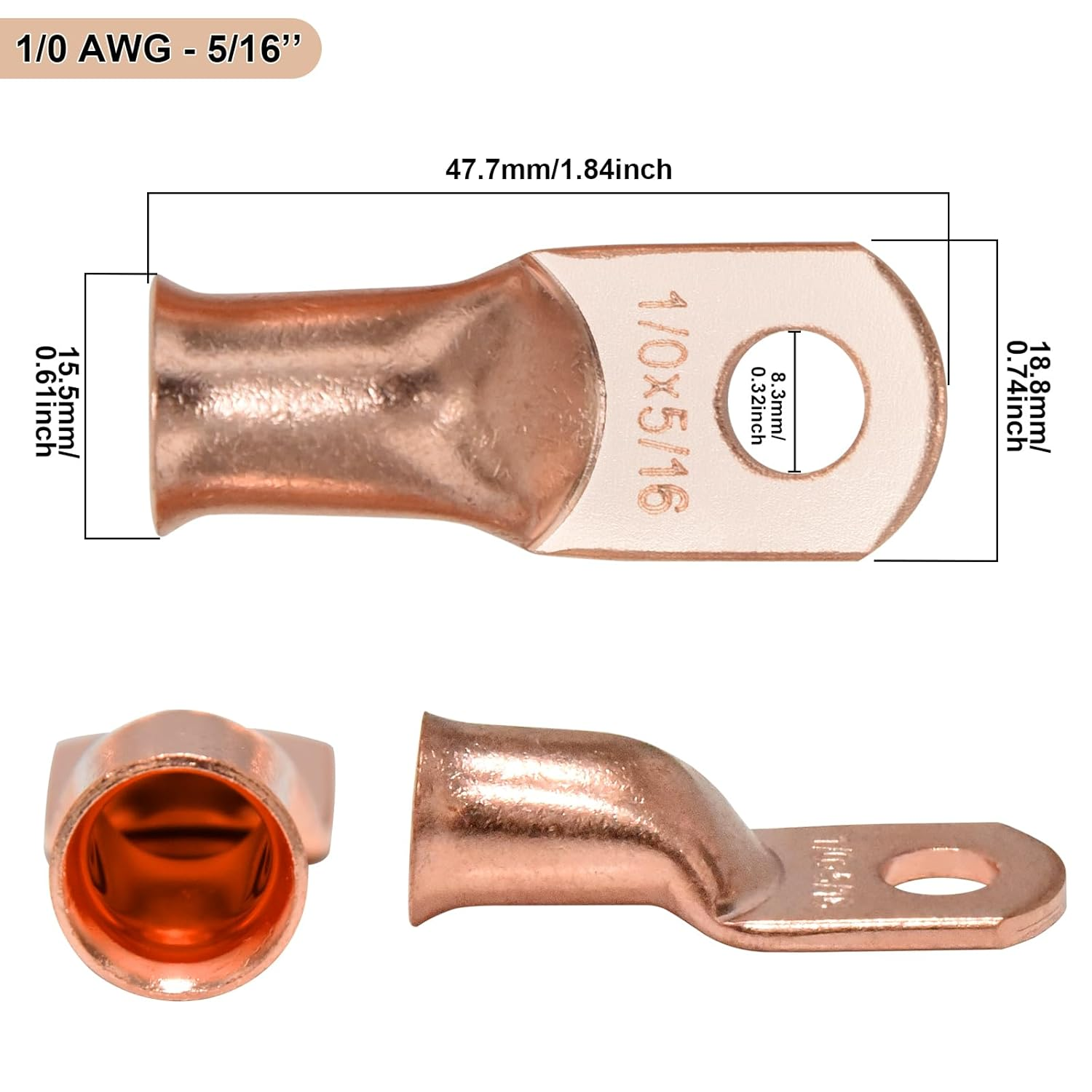 Igreely 1/0 AWG Gauge Battery Cable, 1Ft/30Cm Pure Copper Battery Power Cables with 5/16&rdquo; Heavy Duty Lugs for Solar Automotive RV Marine Boat,Diy for Replacement Parts & Accessories image number 4