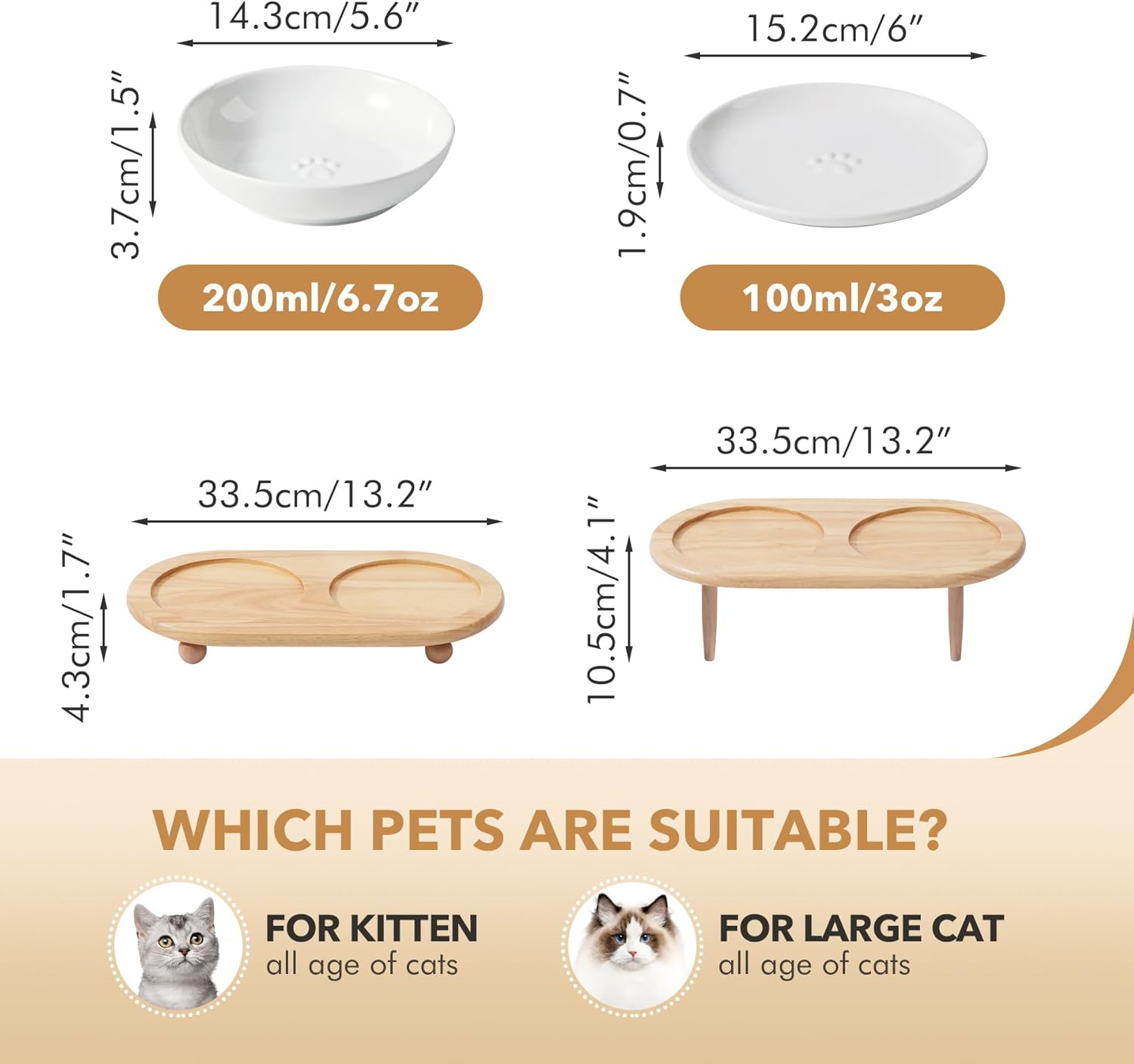 Havniva Raised Ceramics Wide Whisker Friendly Cat Dishes, Food& Water Bowl with 2 Style Stand Adjustable Anti-Choking Raised Pet Bowl Set, anti Whisker Fatigue(2Dish+2Shallow Dish+Stand, White image number 6