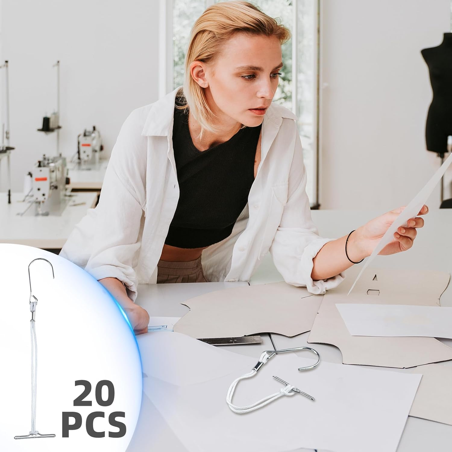 Sewing Pattern Hooks, 20 Pcs Pattern Making Hooks with T Bar and Nylon Cord Hardened Steel Sewing Making Hanger for Securing and Hanging Patterns image number 1