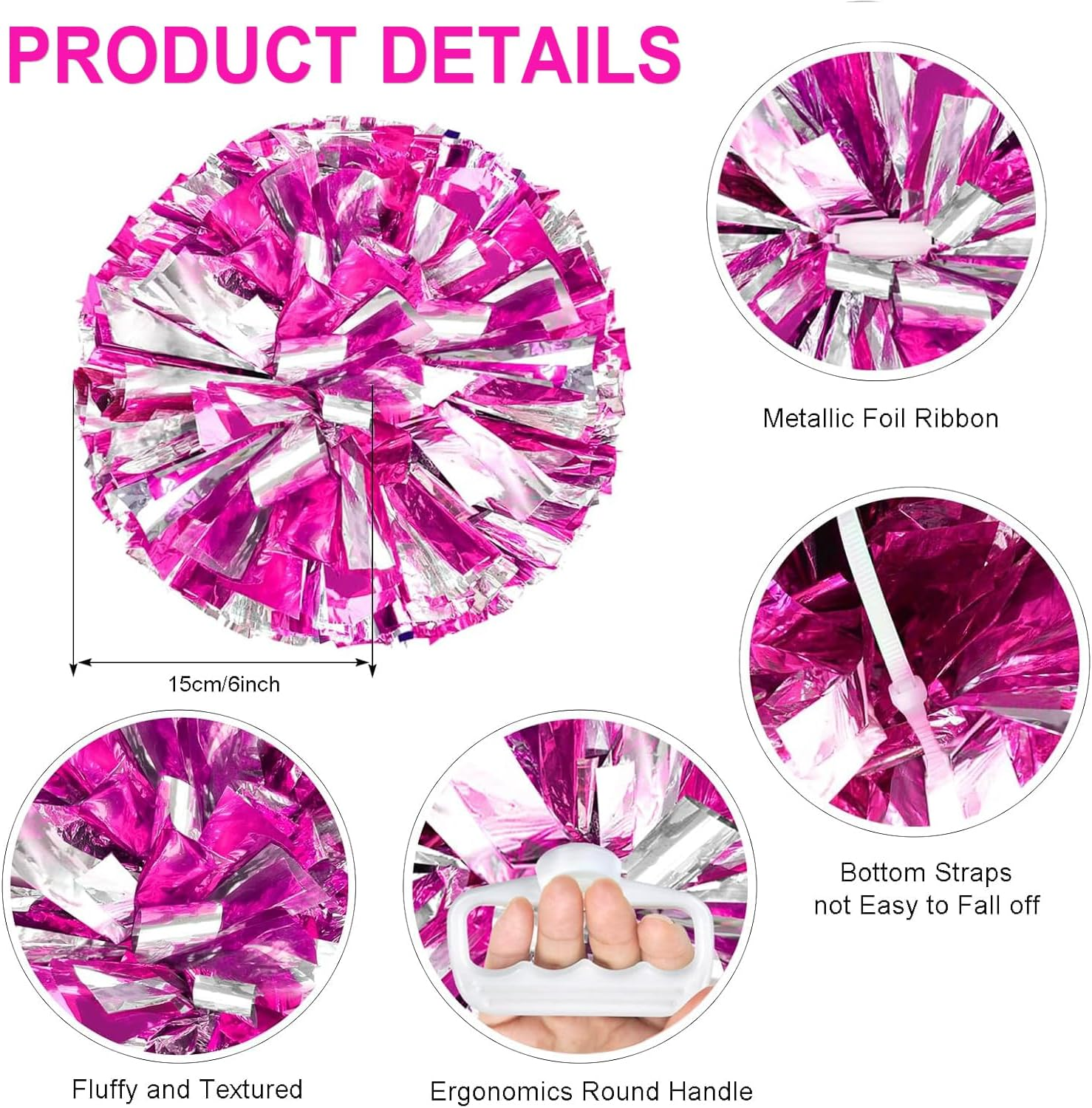 IONPSHG 4Pcs Cheerleader Pompoms Metallic Foil Cheer Poms Hand Flower Pompoms with Baton Handle Cheering Squad Pompoms Handheld Cheerleader Pompom Plastic Ring Pompom for Team Spirit Sports Dance image number 5