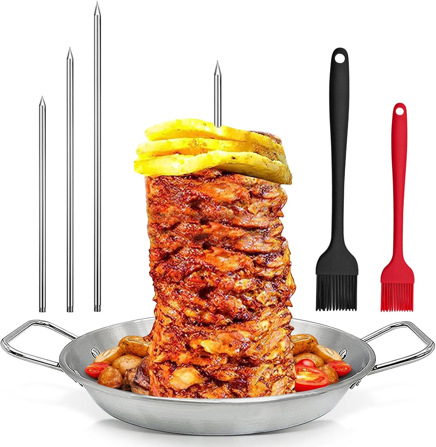 Al Pastor Skewer for Grill, Brazilian Vertical Spit Stand, Stainless Steel Vertical Skewer with 3 Removable Spikes(8"/10"/12") & Brushes, for Shawarma, Tacos Al Pastor, BBQ Dishes, Smoker Oven, Kebabs image number 6